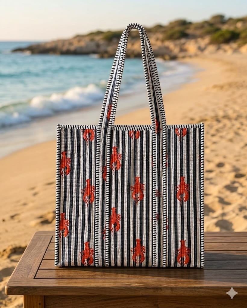 Nautical Lobster Tote Bag Handmade Quilted Cotton Beach Vacation Shopper item