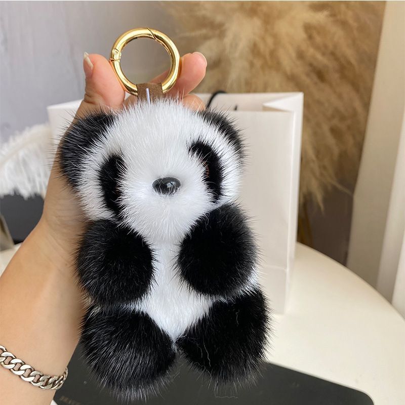 Adorable Panda Keychain 13cm Plush Faux Mink Fur Car Keys Cute Bag Charm Gift