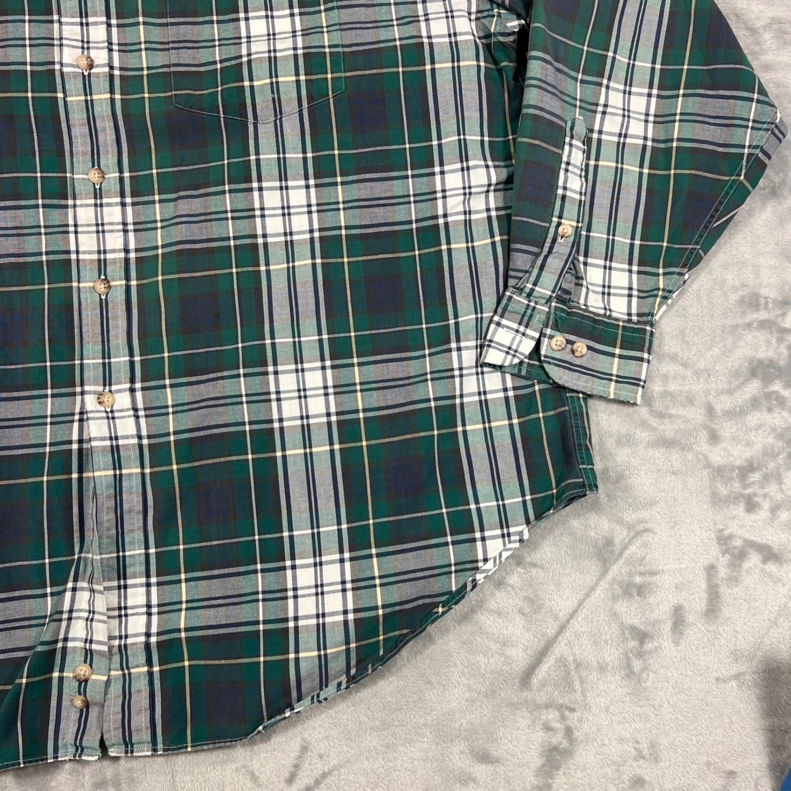 NORSPORT Vintage Mens Button Down Shirt XL Green White Plaid LS 100% Cotton Y2K