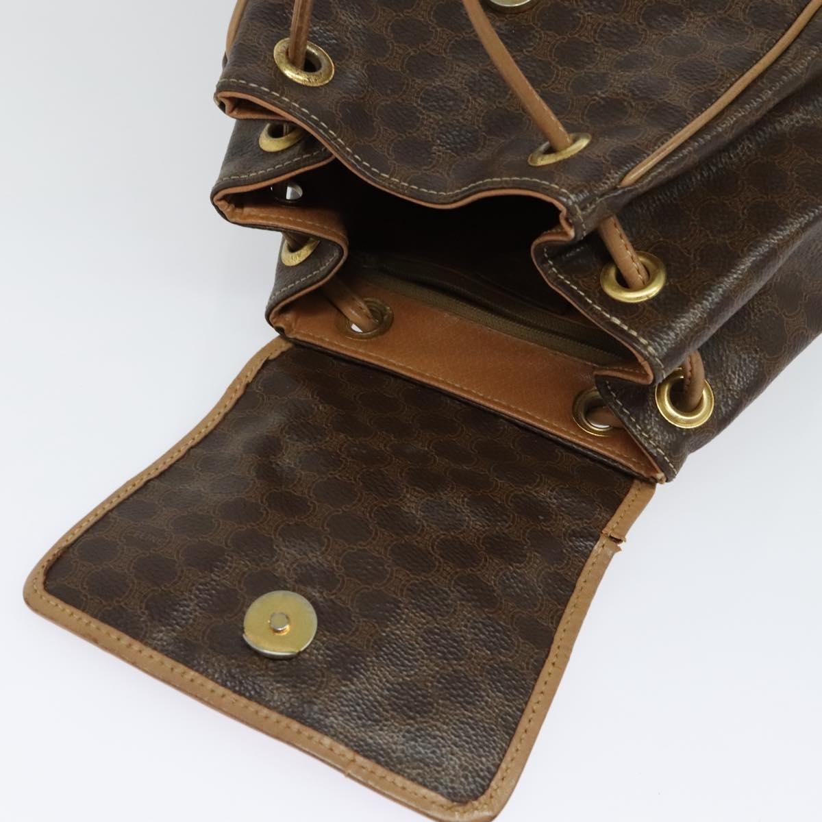 CELINE Macadam Canvas Backpack PVC Leather Brown Gold Auth hk2918