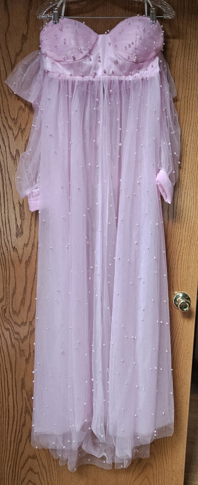Pink Sheer Pregnancy Photoshoot Boudoir Robe Gown with Pearl Embellishment