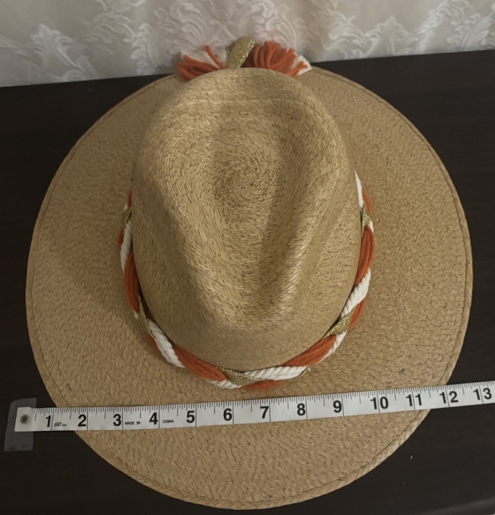 Baldiz Straw Fedora Wide Brim Hat Beige/Orange/White Tassel Accent, One Size