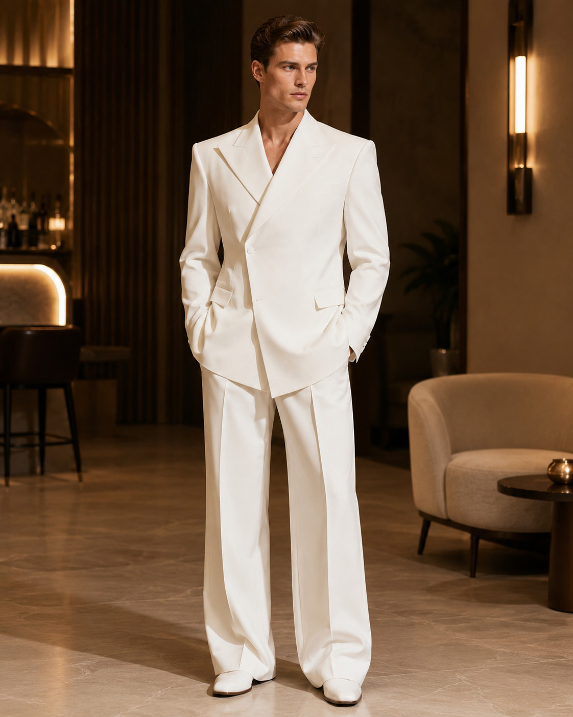 Mens White Asymmetrical 2 Piece Suit Wide Leg Pants Wedding Party Formal