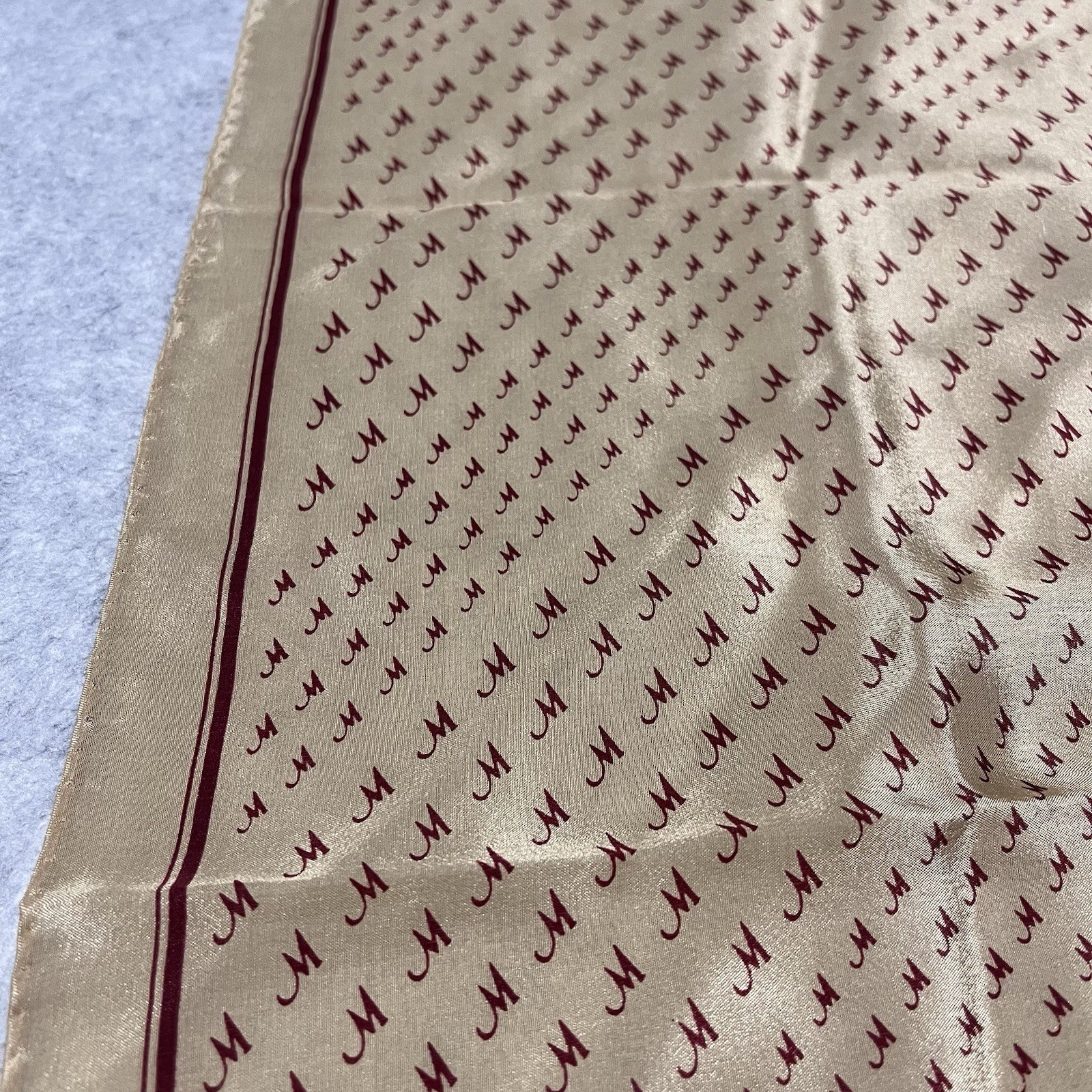 VTG Square Scarf “M” Gold Red Border Monogram Initials Preppy Silky 21×20.75