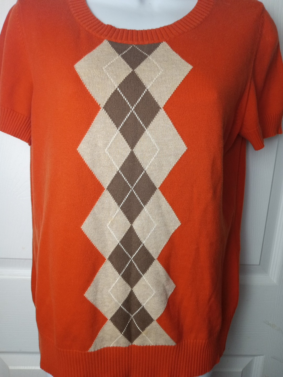 Izod Argyle Short Sleeve Orange Sweater Size M