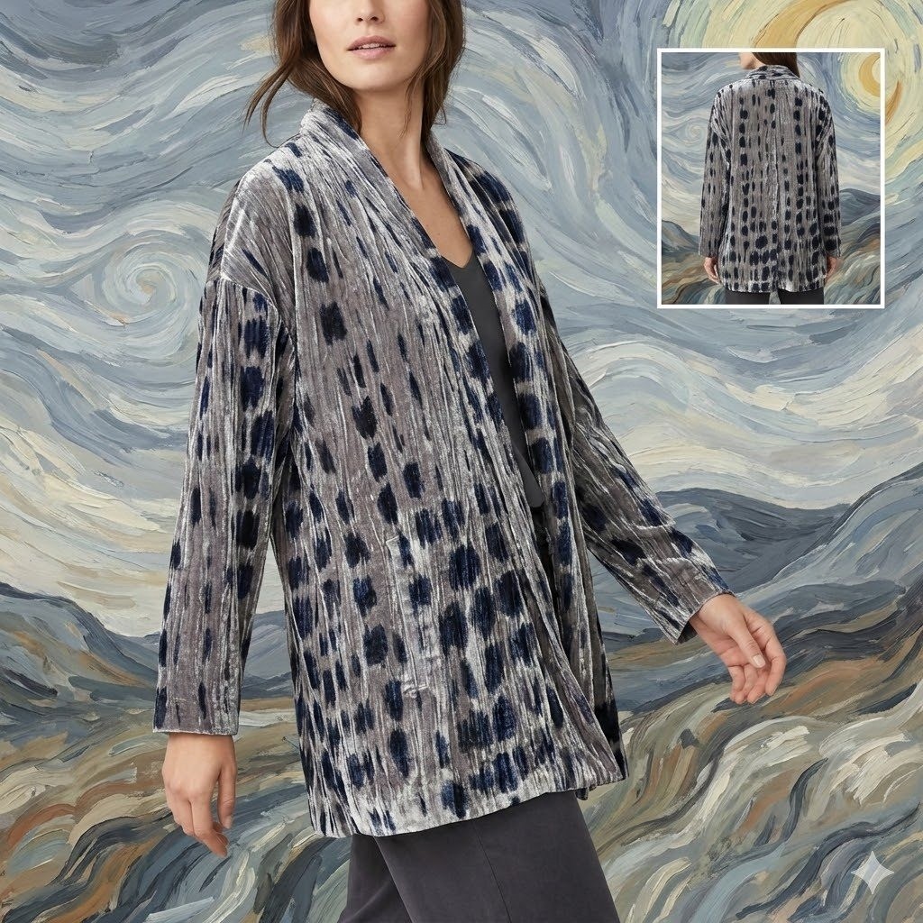 Pure Jill J. Jill Velvet Kimono Jacket XS Nickel Gray Blue Abstract Ikat 211591