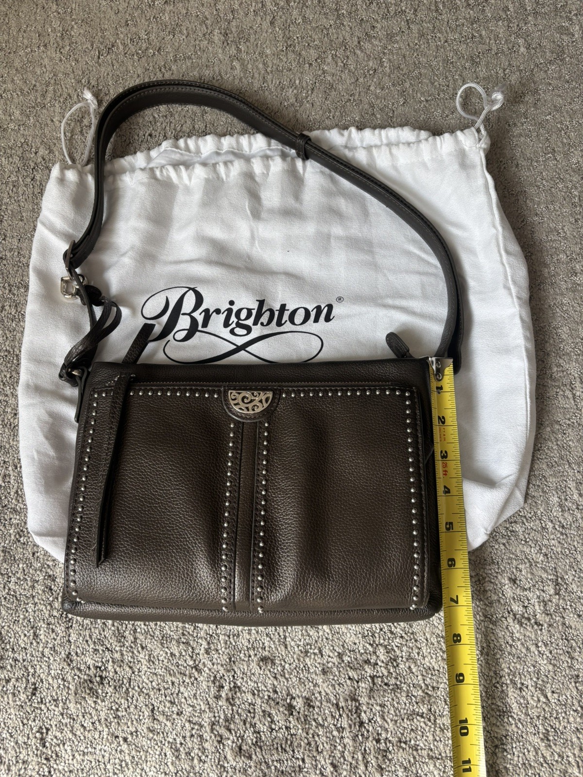 BRIGHTON Crossbody Organizer in Cappuccino Pebbled Leather w/ Silver Studs