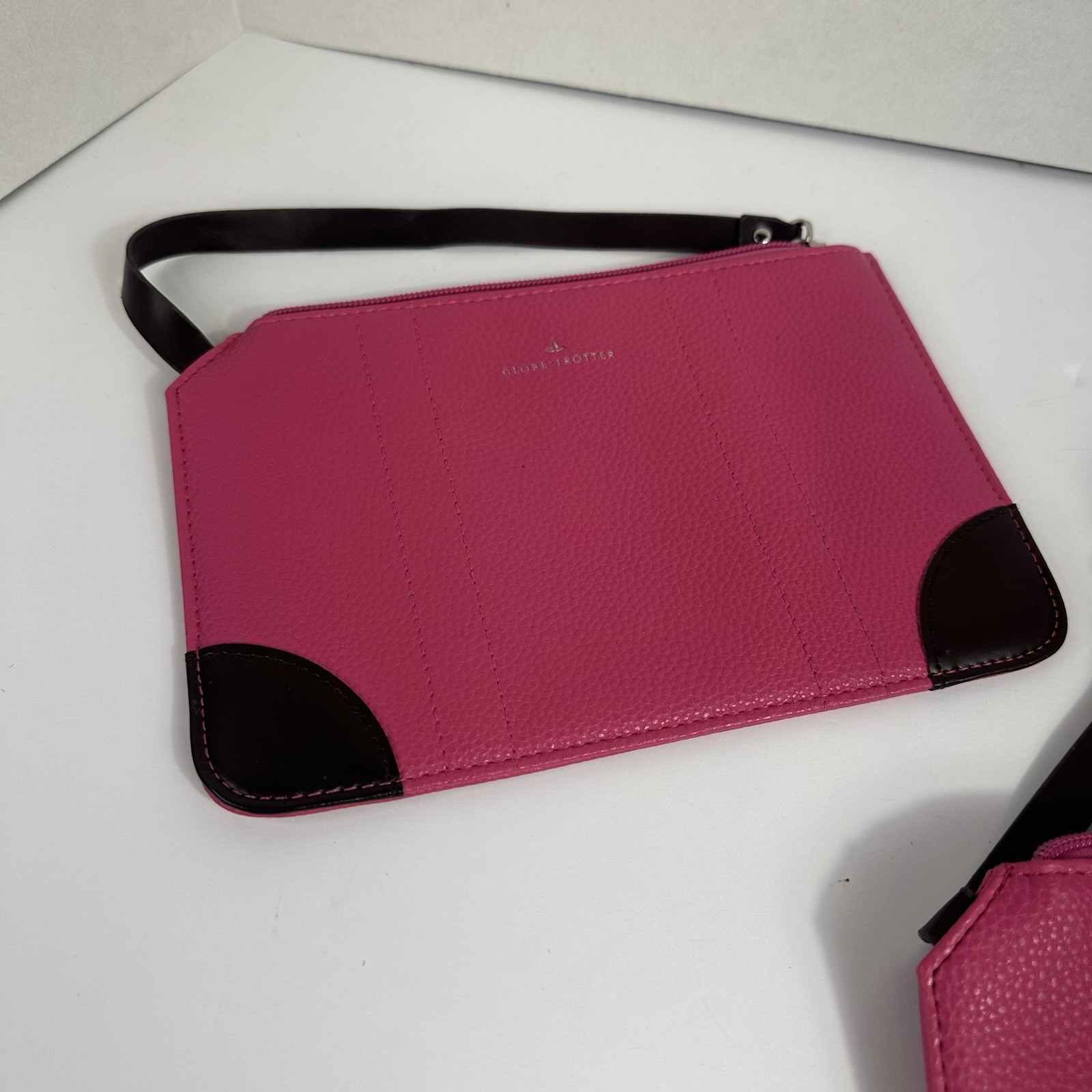 Globe-Trotter x ANA Pink Zip Wristlet Clutch, Black Strap, Geometric Lined