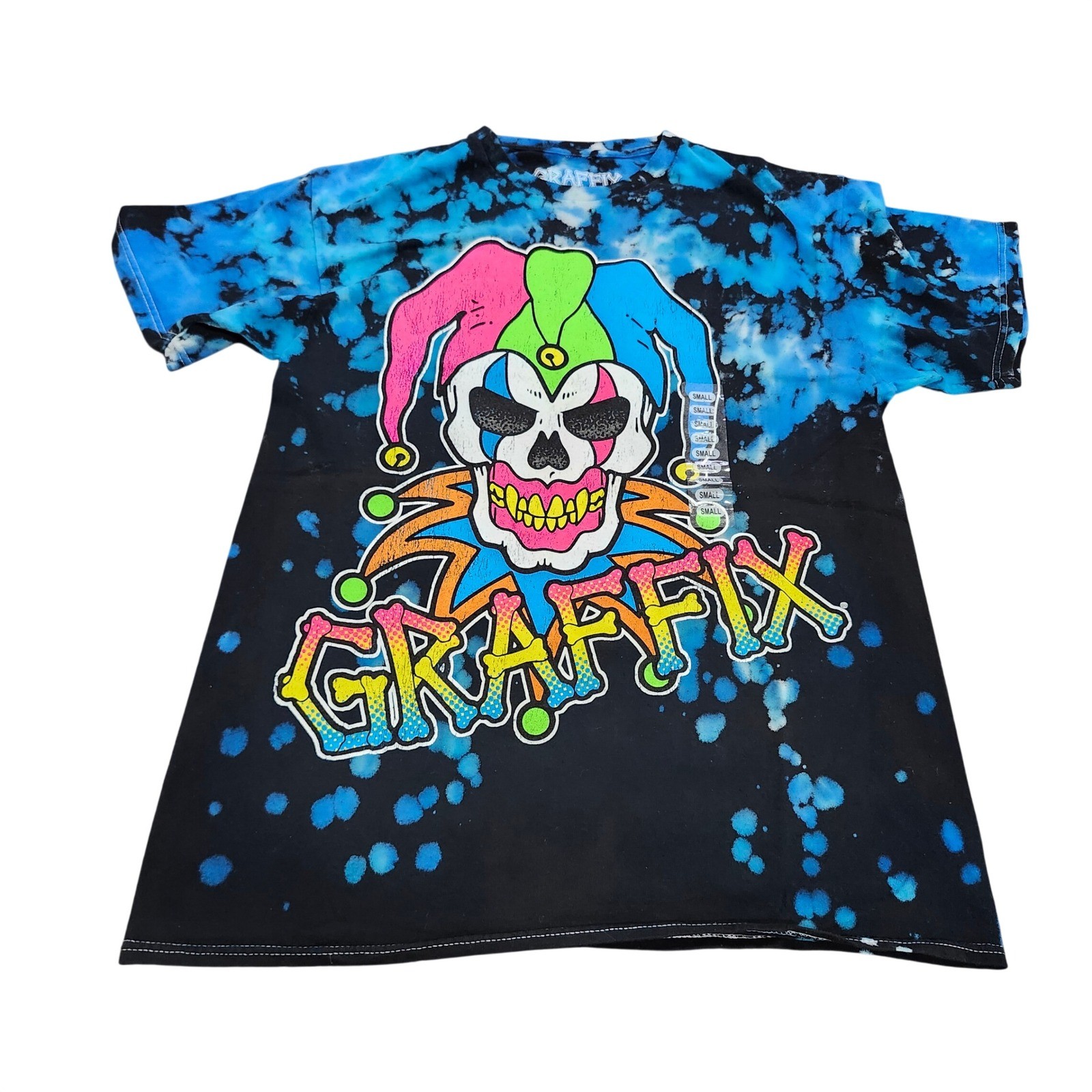 Graffix Jester Skull Graphic Tie Dye T-Shirt Blue Black Neon Mens Small NEW
