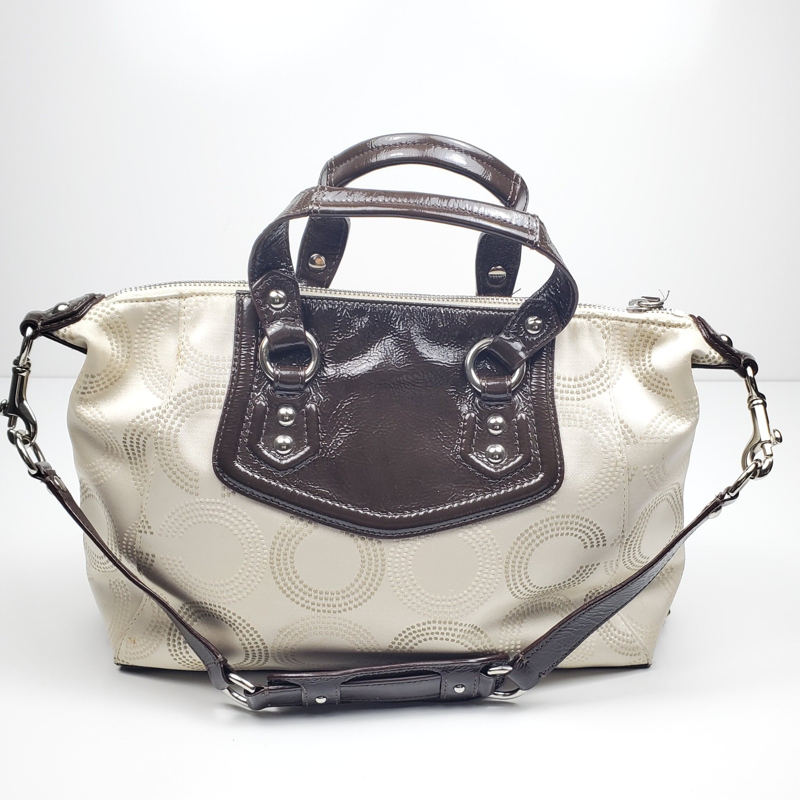 Coach Ashley F20027 Dotted Op Art Cream Brown Shoulder Bag Satchel Purse Handbag