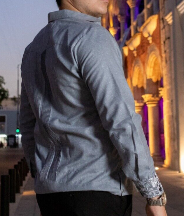 Mexican Wedding Guayabera Gray Fabric Long Sleeve Gray Silver Black Embroidery