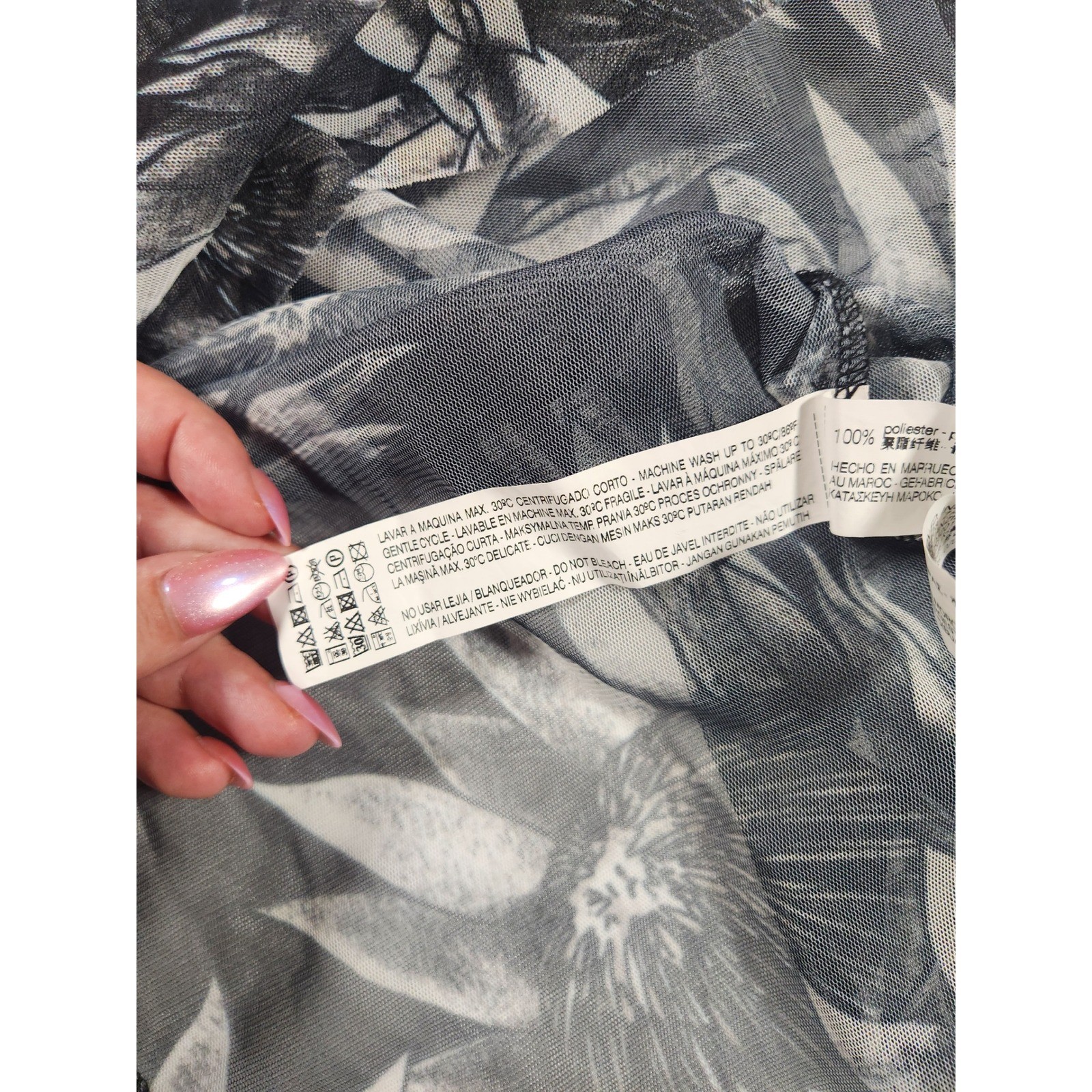 Zara Trafaluc Black White Palm Print Sheer Ruched Neck Balloon Sleeve Blouse S