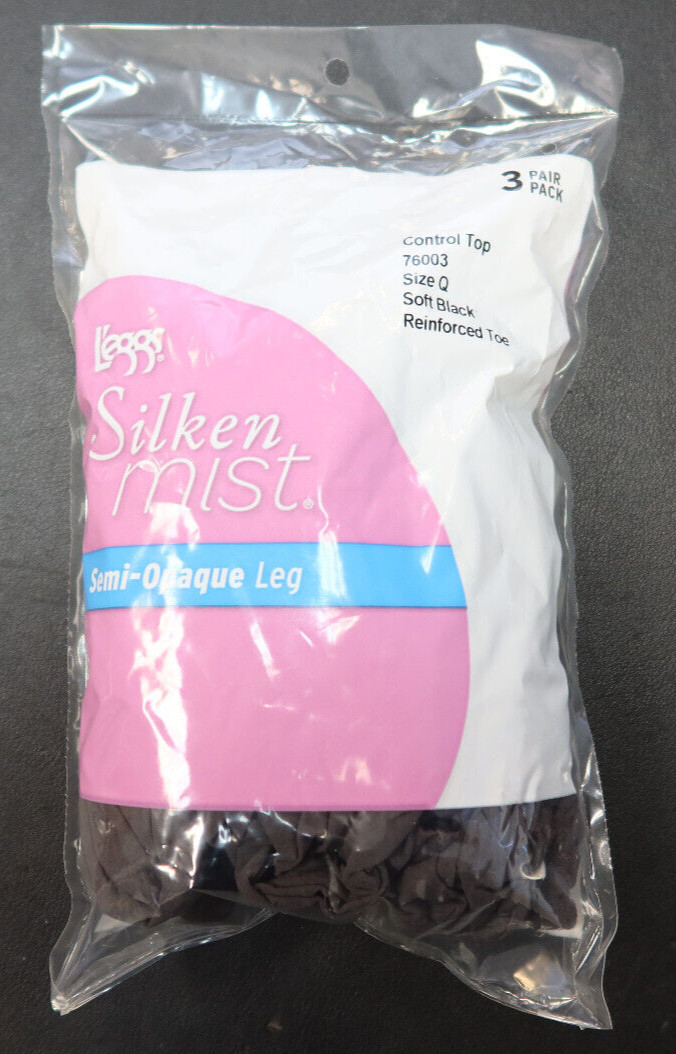 3-Pack L’eggs Silken Mist Control Top Reinforced Toe Pantyhose SOFT BLACK Size Q