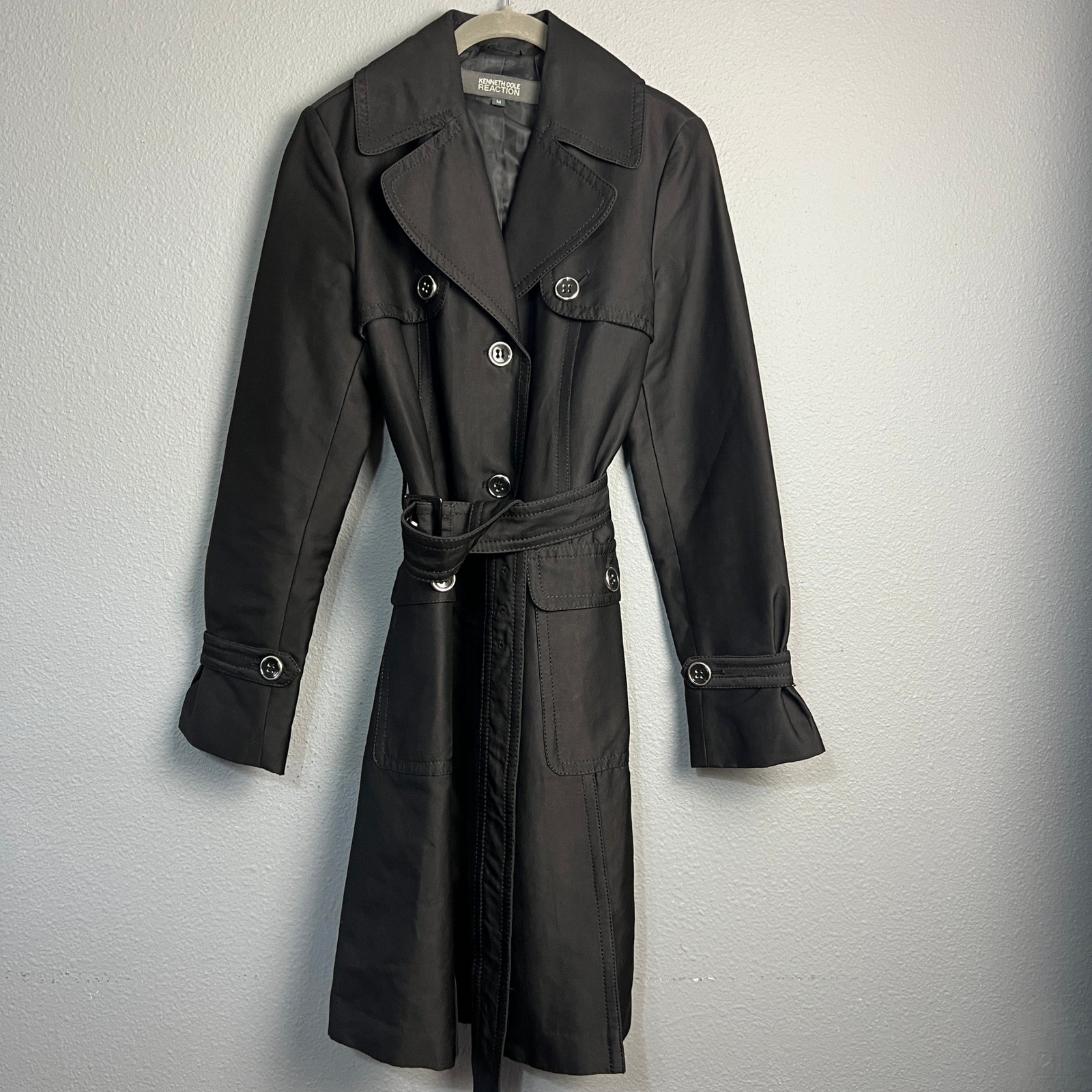 Kenneth Cole Reaction Black Trench Coat Double Breasted Belted Classic Staple