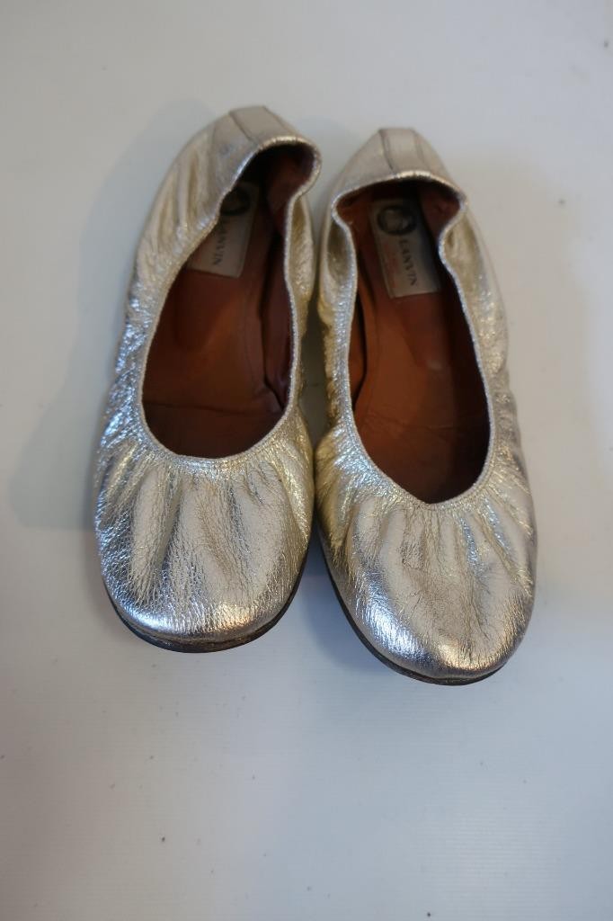 Womens Lanvin Metallic Silver Leather Ballet Flats 40 1/2 /US 10.5