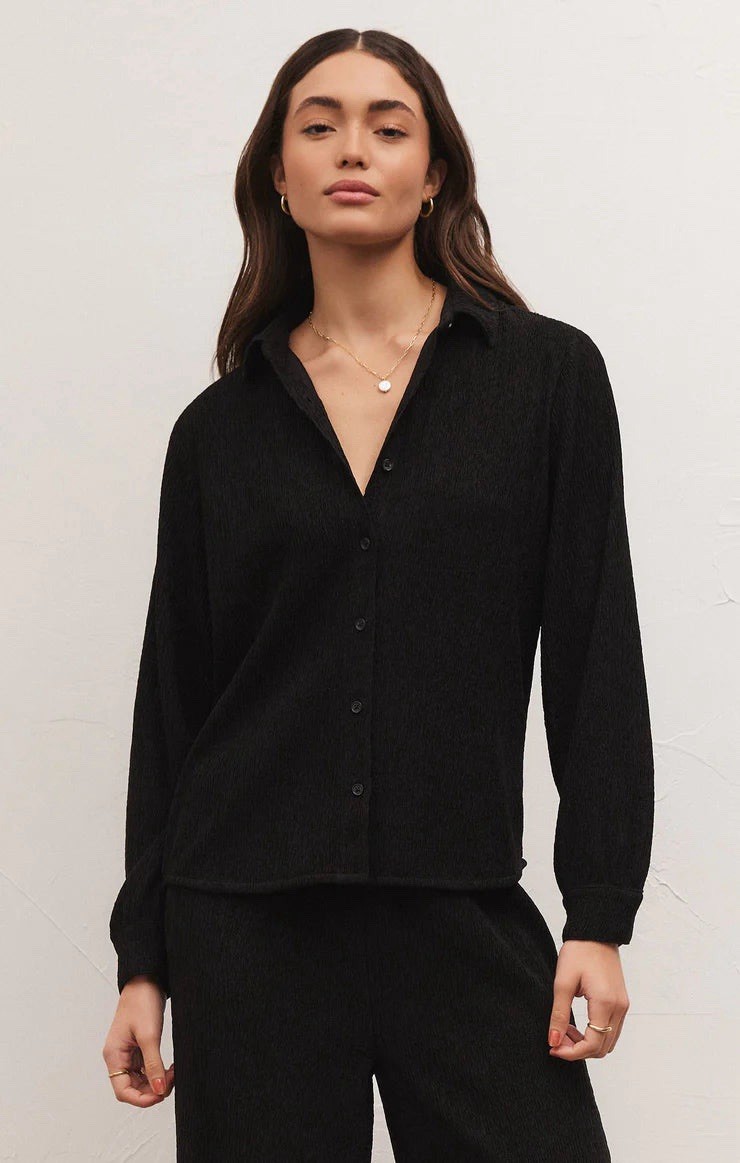 Z Supply Lyrical Crinkle Knit Button Front Shirt Black Size L Textured