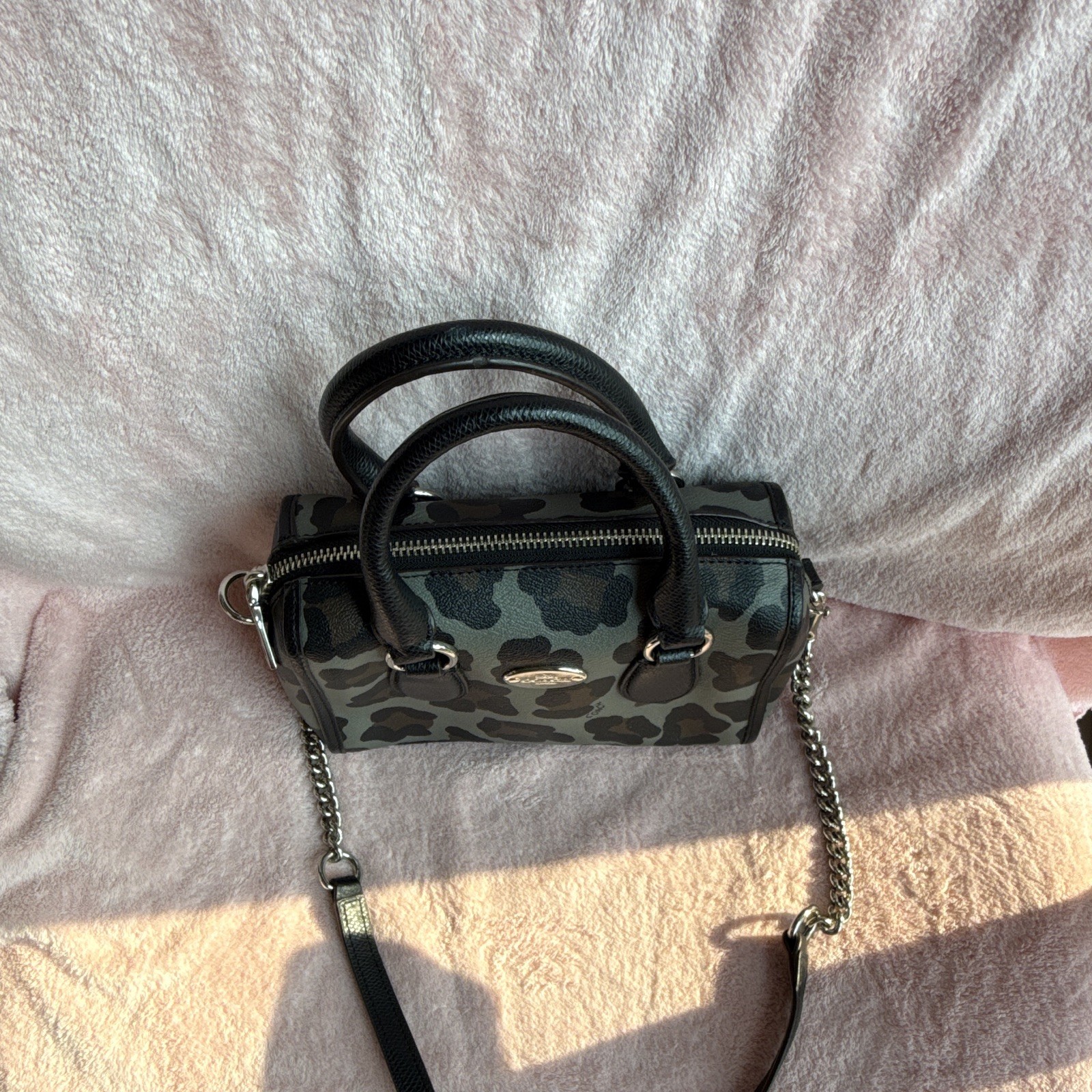 Coach Gray Black Animal Print Satchel Zip Crossbody Bowler Bag Detachable Strap