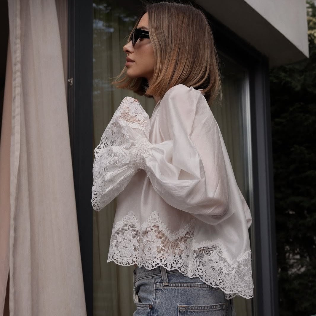 BNWT H&M Lyocell Blend Lace-Trimmed Blouse 1342435001 White Sizes XS, S, M, L