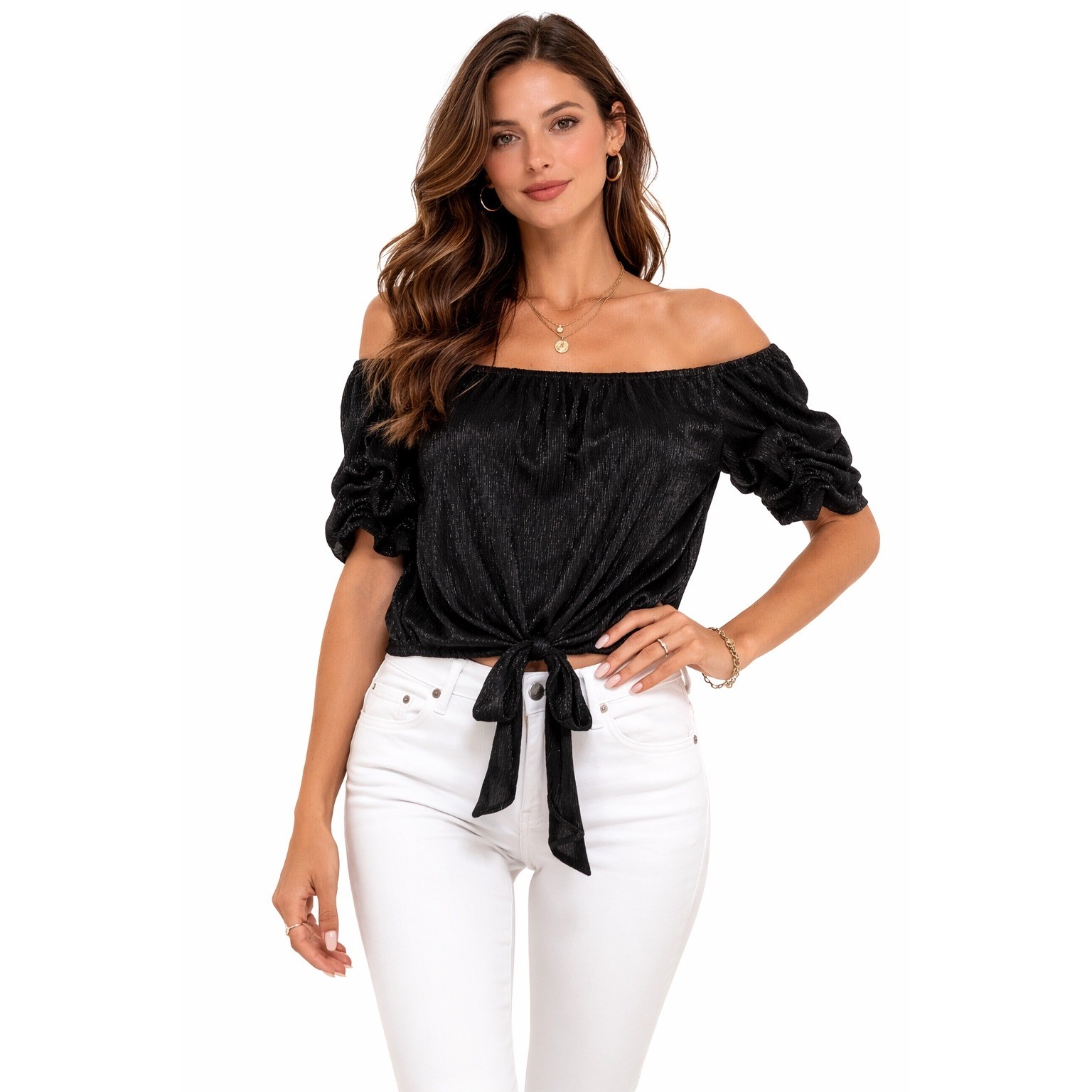 CeCe Black Metallic Shimmer Off Shoulder Tie Front Blouse NWT Medium C051170G