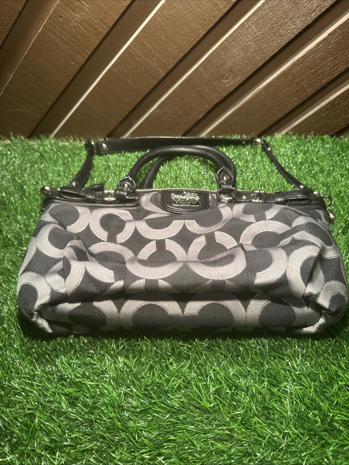 Coach Madison Op Art Sateen Sophia Satchel In Gray And Black