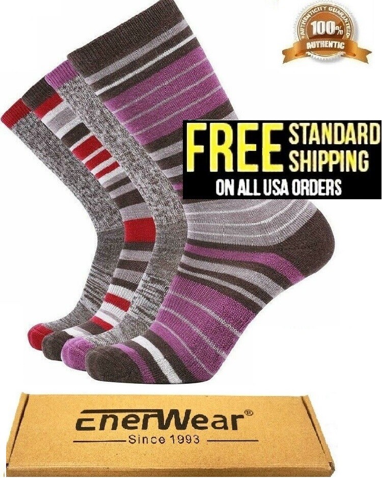 EnerWear 4 Pairs socks Unisex Stripes Merino Wool Outdoor Hiking Trail Crew