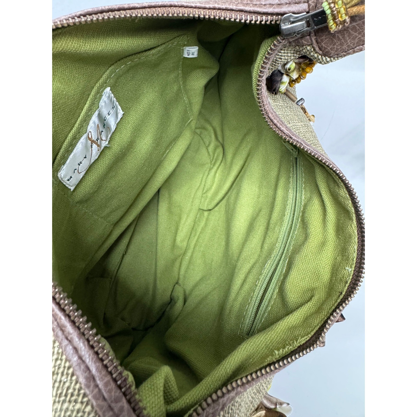 Mary Frances Olive Green Burlap Floral Embellished Beaded Hobo Bag Brown Braided