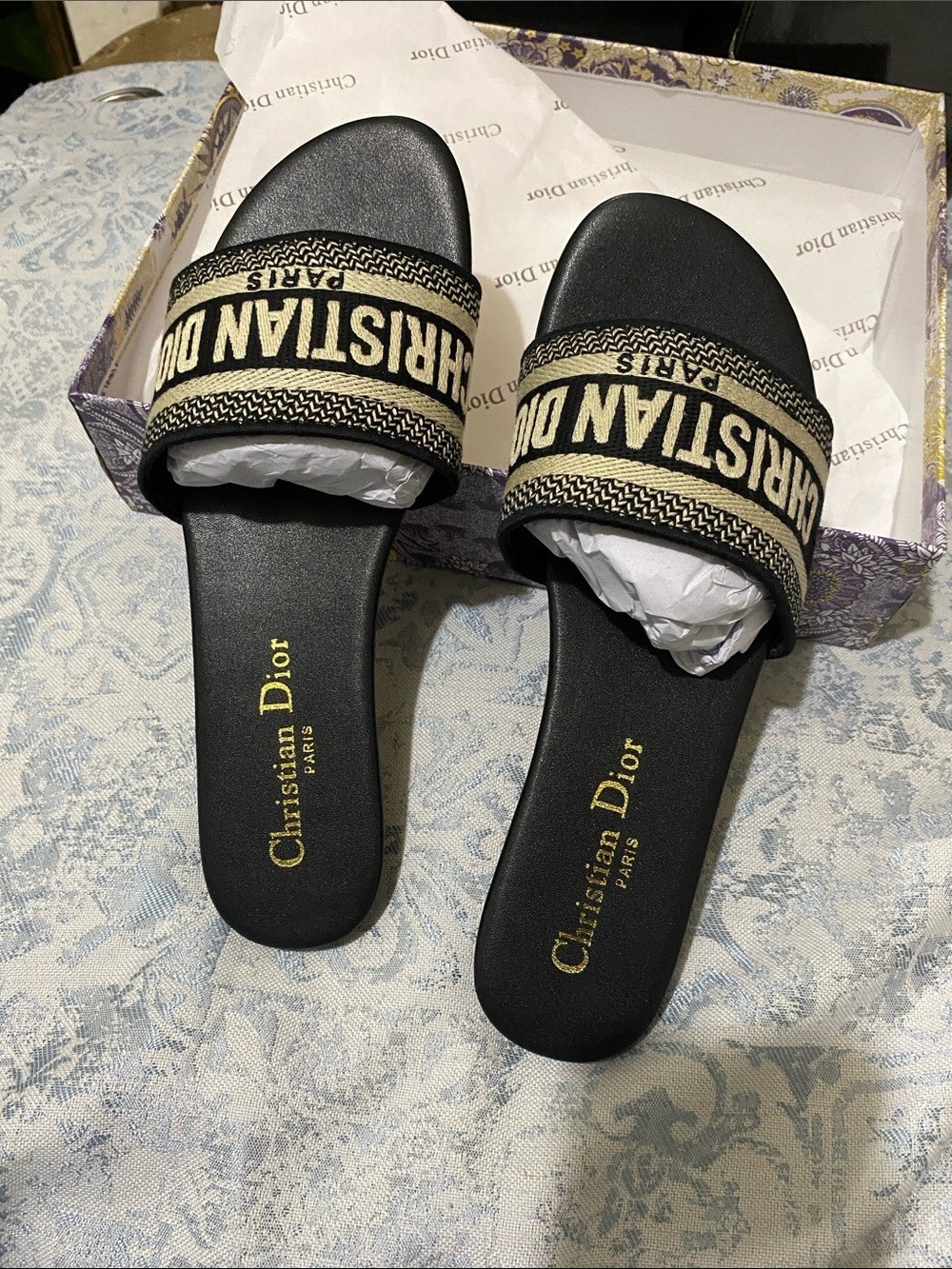 Dior Black and Beige Embroidered Slide Sandals size-EUR-39