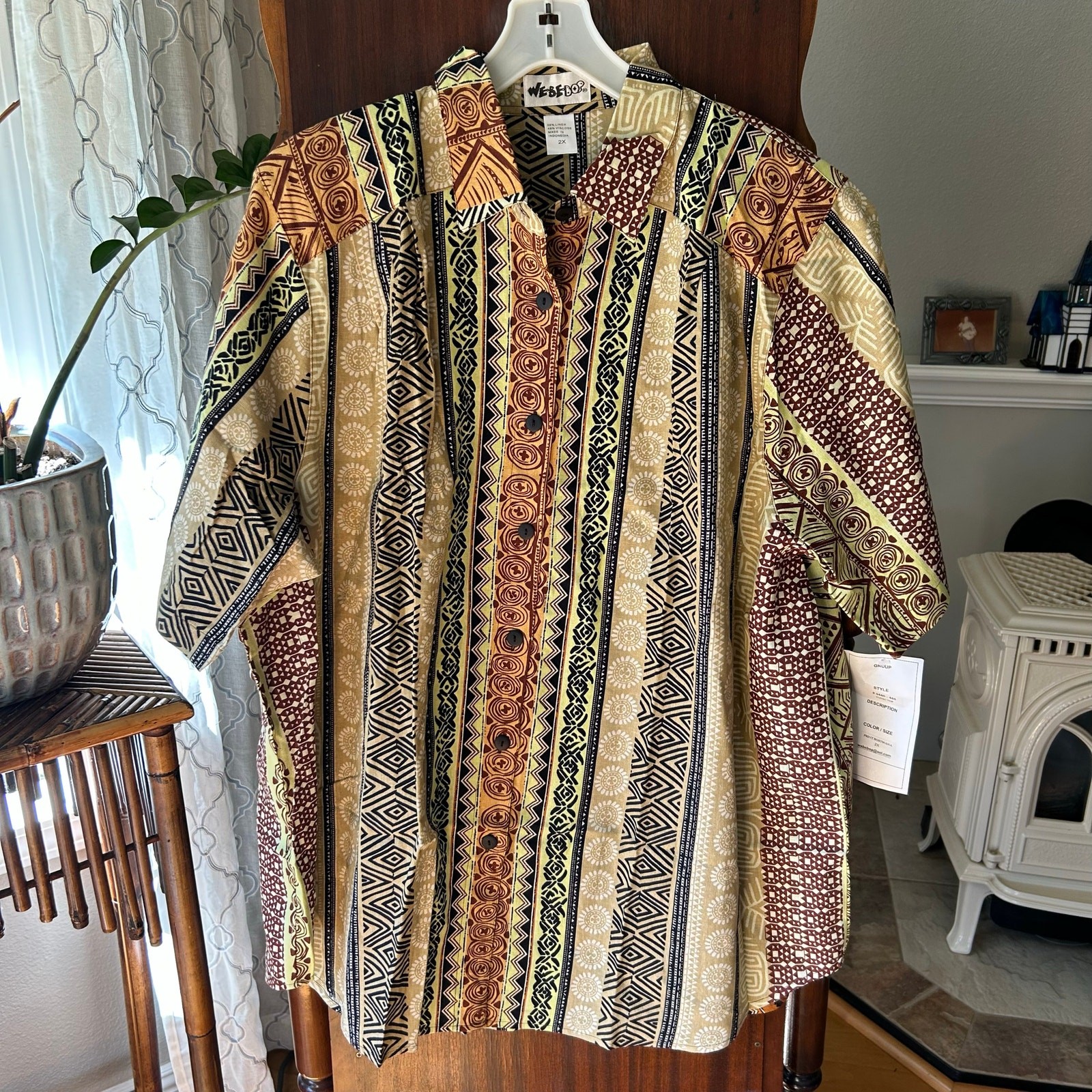 New! We Be Bop Tunic Top 2X Botswana Plus Boho Linen Button Up Tribal Safari