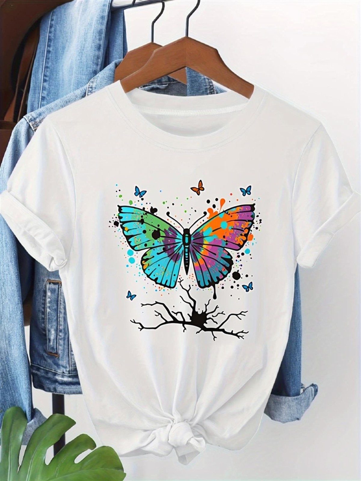 Womens Butterfly Anime Print Short Sleeve T-Shirt Breathable Soft Tops Shirt ♪