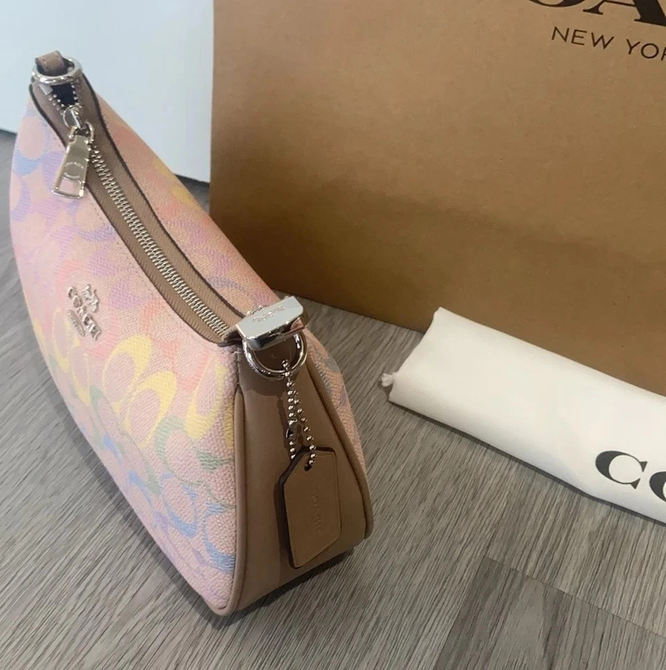 COACH Teri Shoulder Bag In Rainbow Signature Canvas & Leather CDA91 Silver/Sand