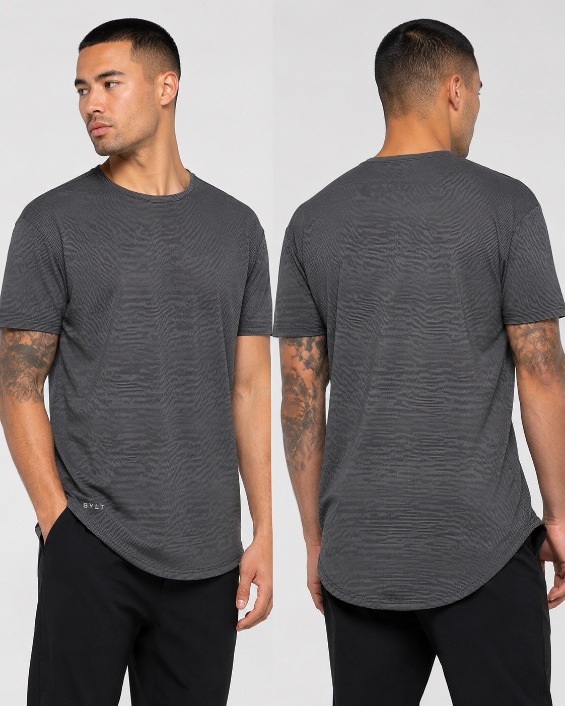 BYLT Basics Drop Cut Lux Tee XL Gray Black Stripe Short Sleeve Stretch Shirt