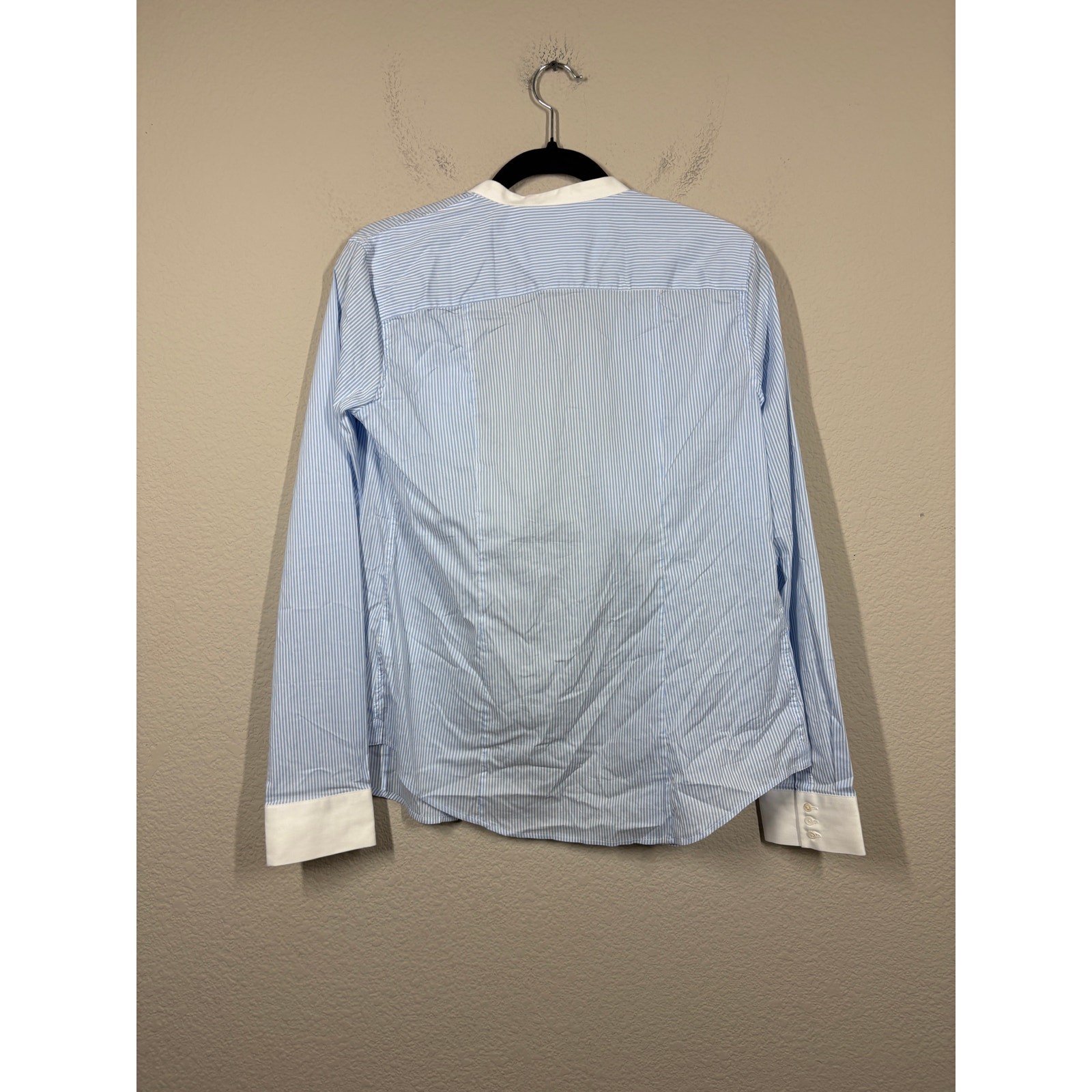 Les Canebiers Large Flat Collared Button Up Shirt Sky Blue Striped Cotton Blend