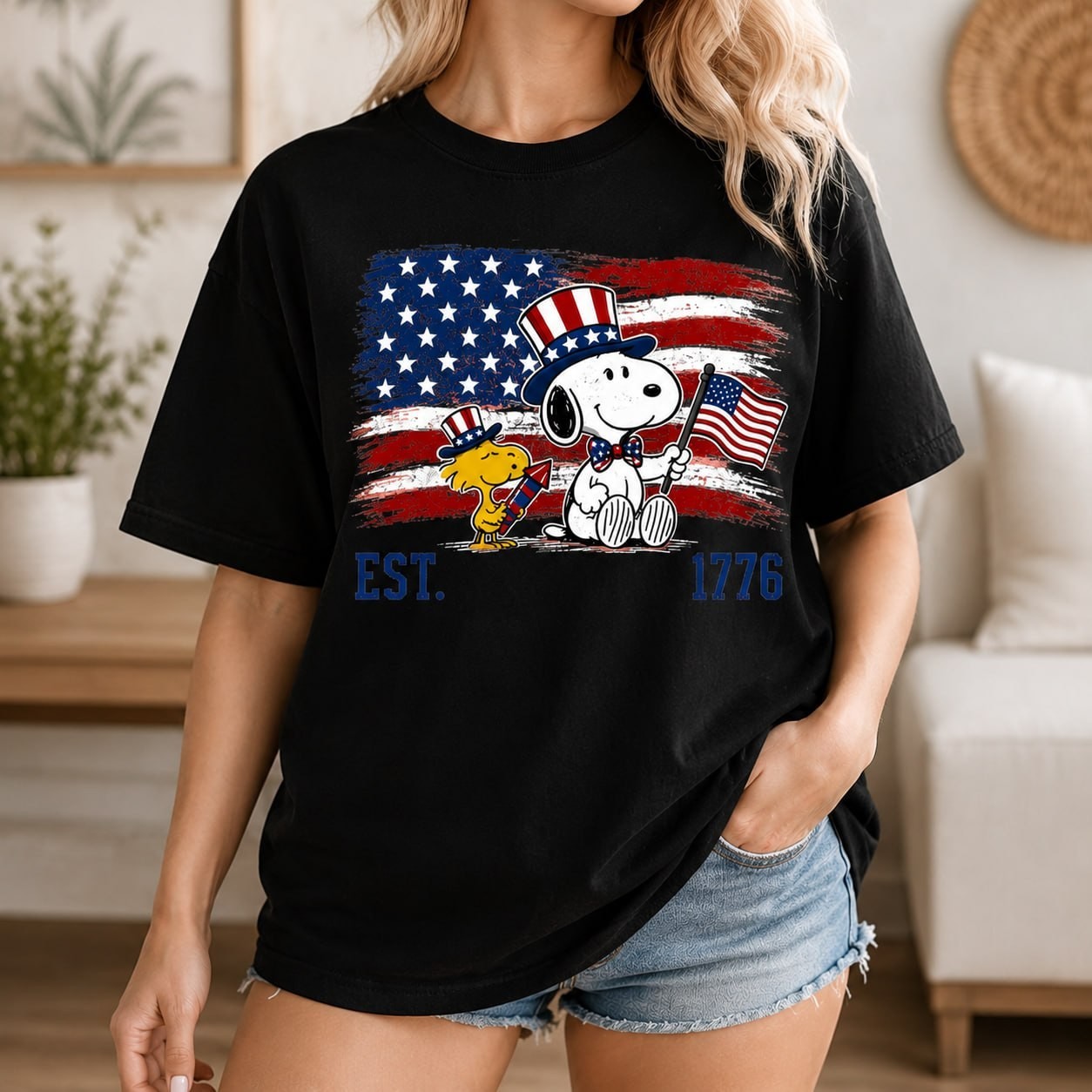Vintage Snoopy T-Shirt Est 1776 Peanuts 250th Anniversary 4th Of July Black Tee