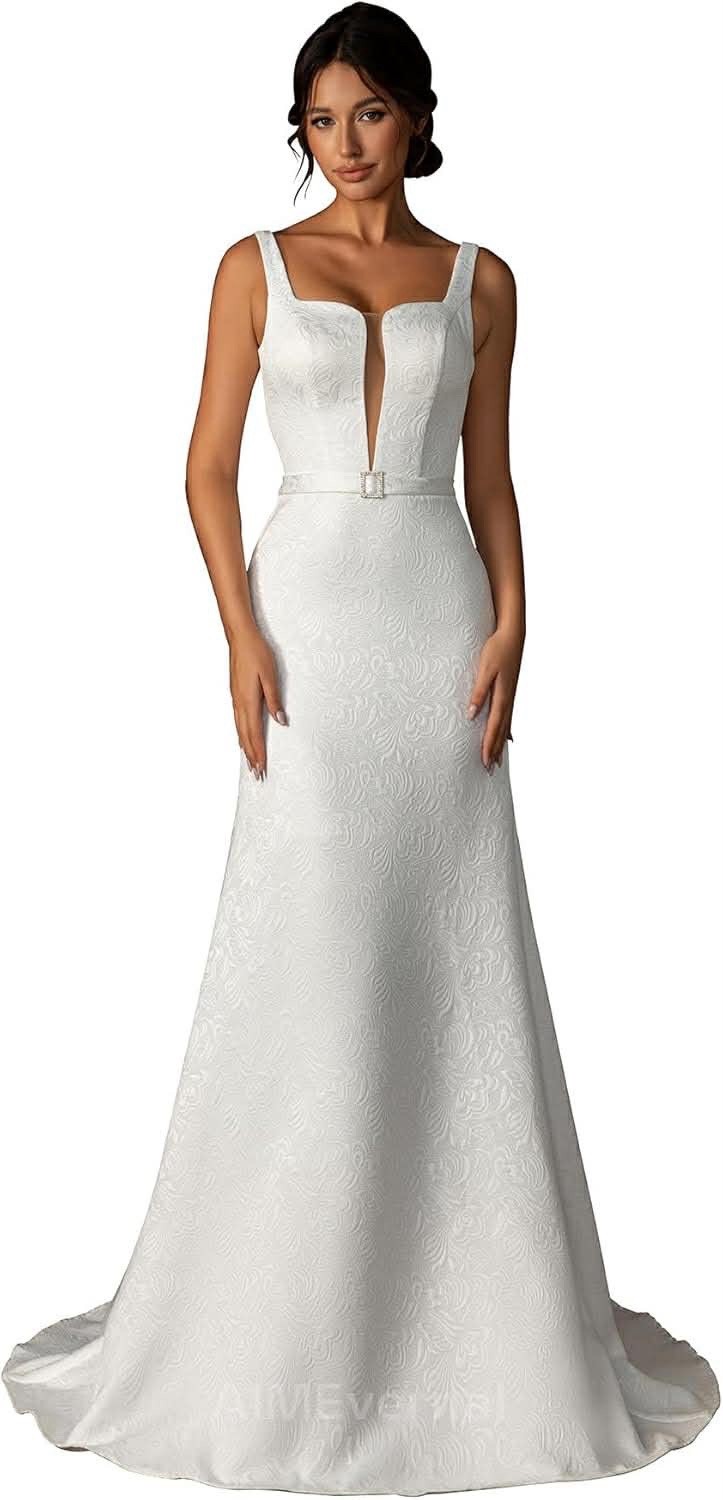 VIPGIRL White Sleeveless V Neck A-Line Full-Length Wedding Dress Corset 12/14