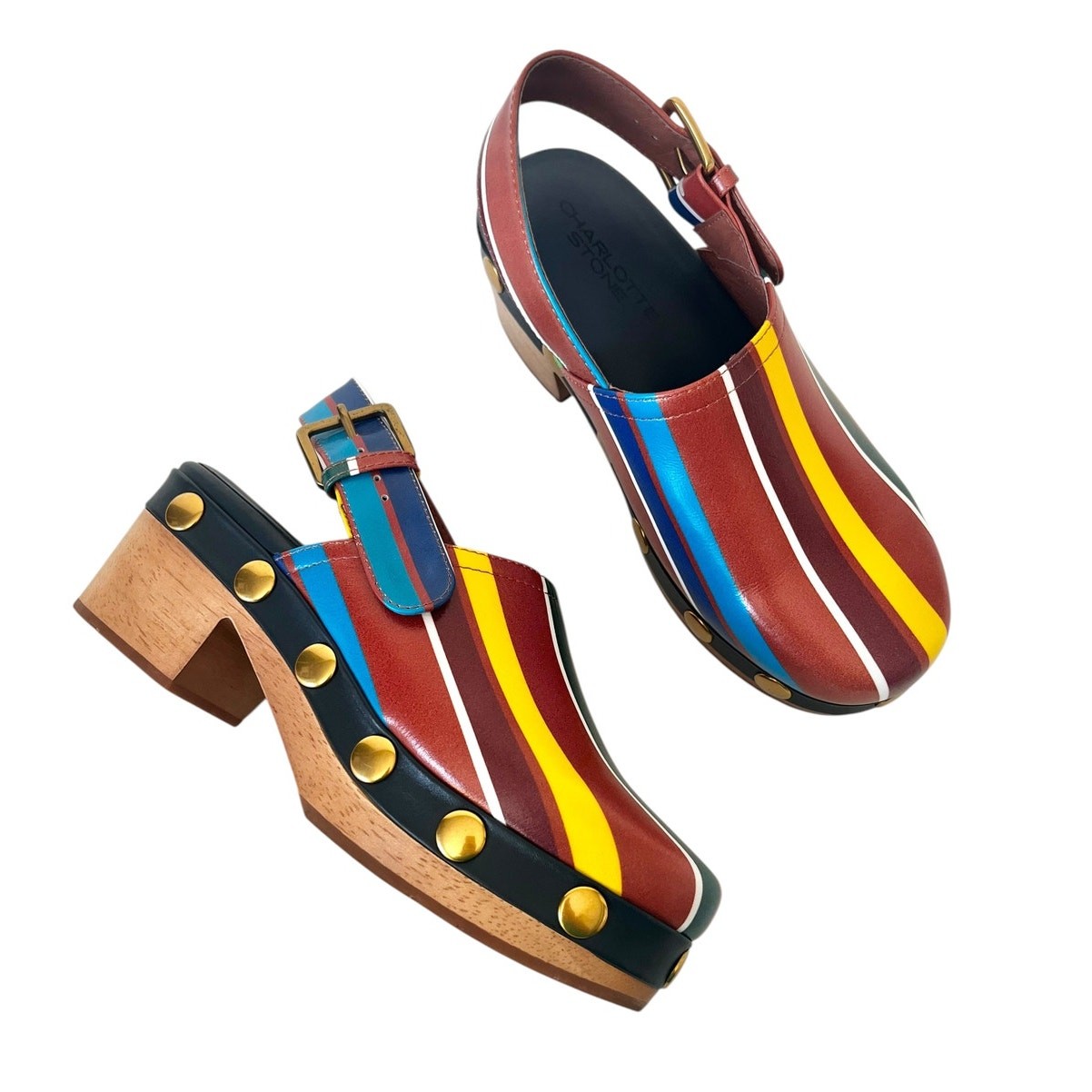 Charlotte Stone Jona Kite Stripe Multi Color Wood Platform Slingback Clog Size 6