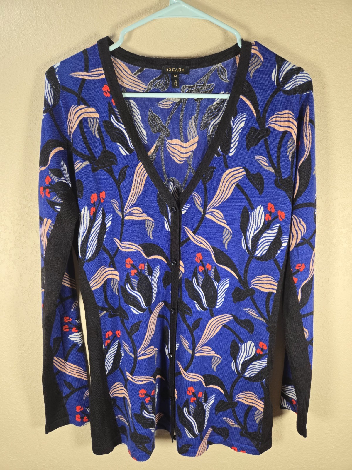 Escada Cardigan Blue Floral Wool Silk Blend Size Medium