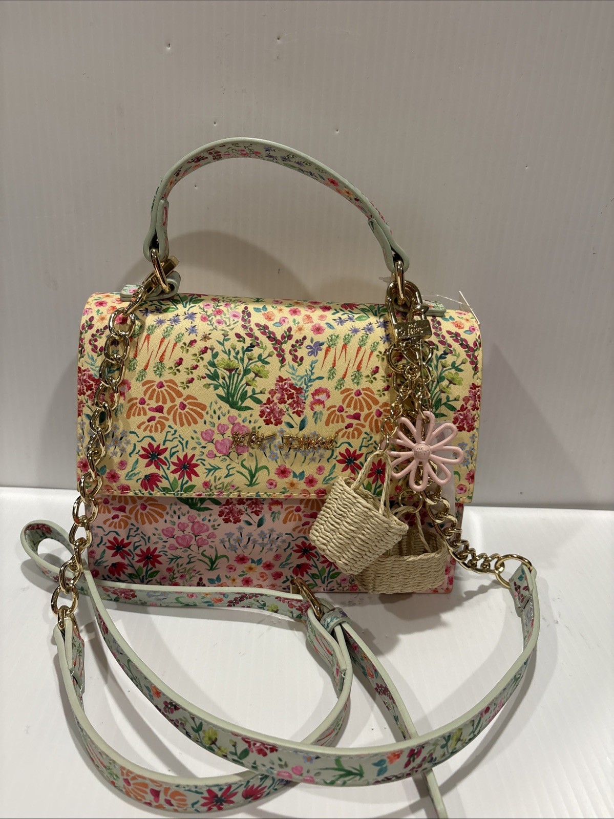 Betsey Johnson Spring Floral Yellow Bag Purse Crossbody Top Handle Basket charm