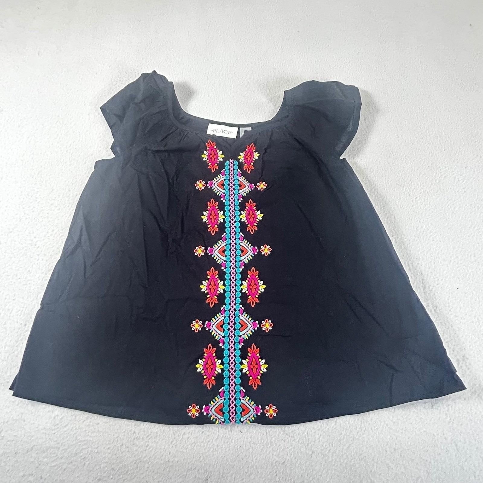 The Children’s Place Embroidered Top Girls M 7/8 Black Boho Summer Blouse
