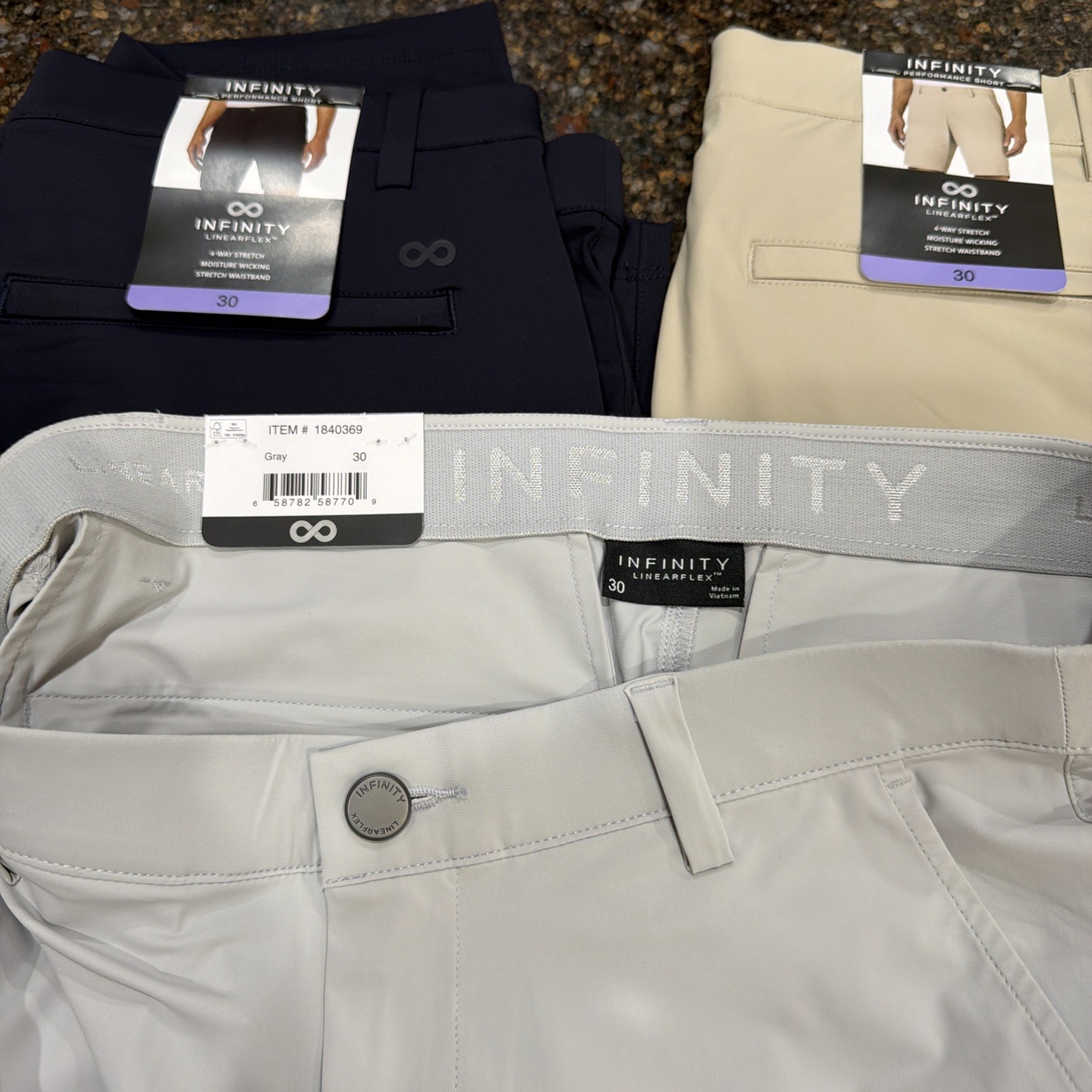 Infinity Men’s Performance Short in navy, tan , gray