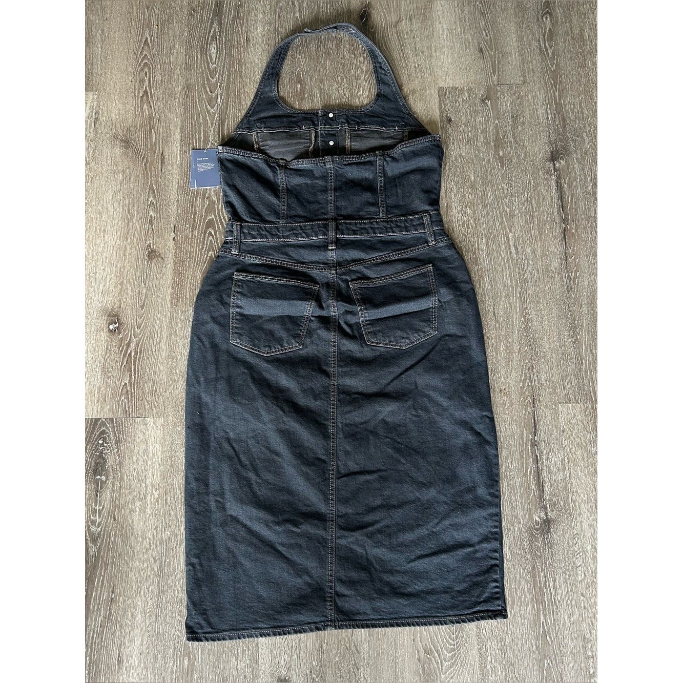 NWT Size 12 Universal Thread Black Gray Denim Jean Sleeveless Halter Midi Dress