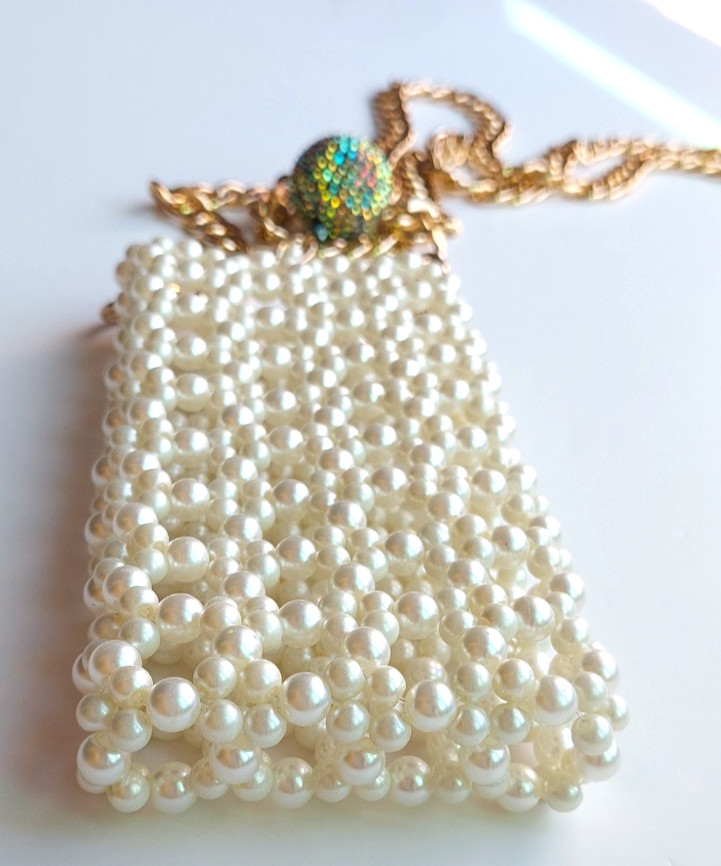 Handmade Pearl Beaded Cell Phone Bag with Gold Chain, Mobile Phone Bag Crossbody
