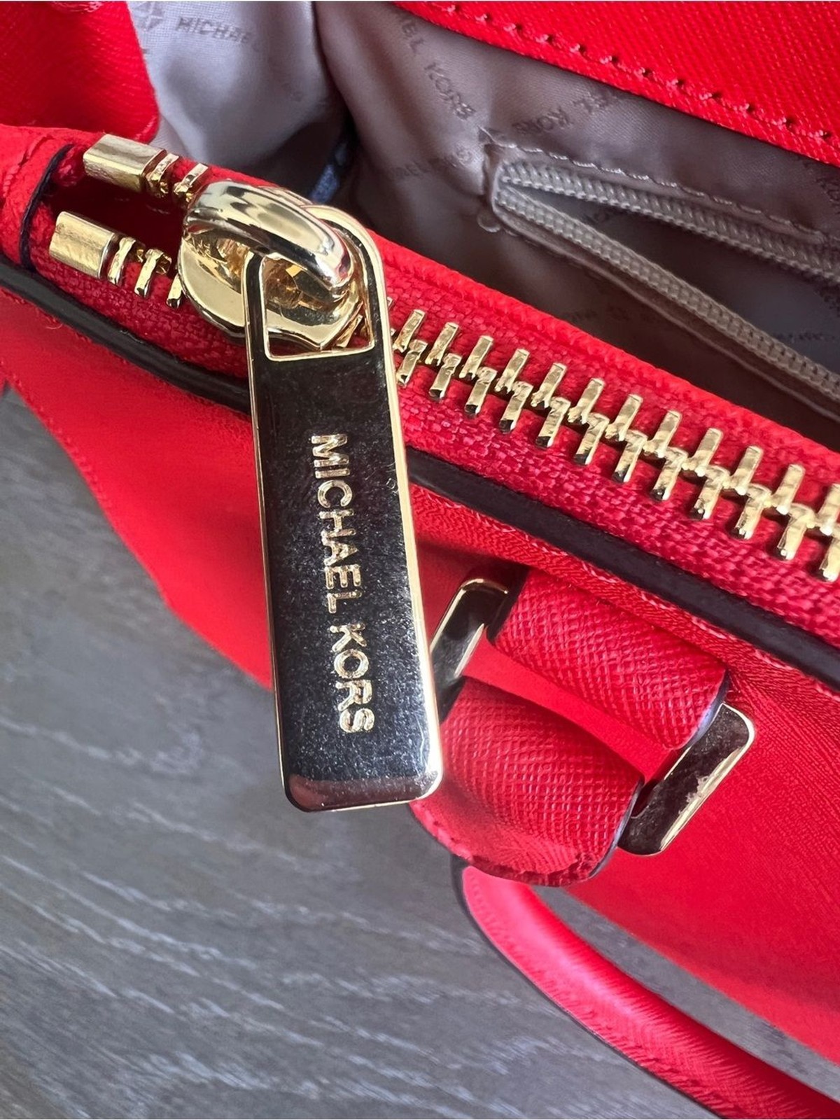 Michael Kors Red Saffiano Satchel with Gold Hardware