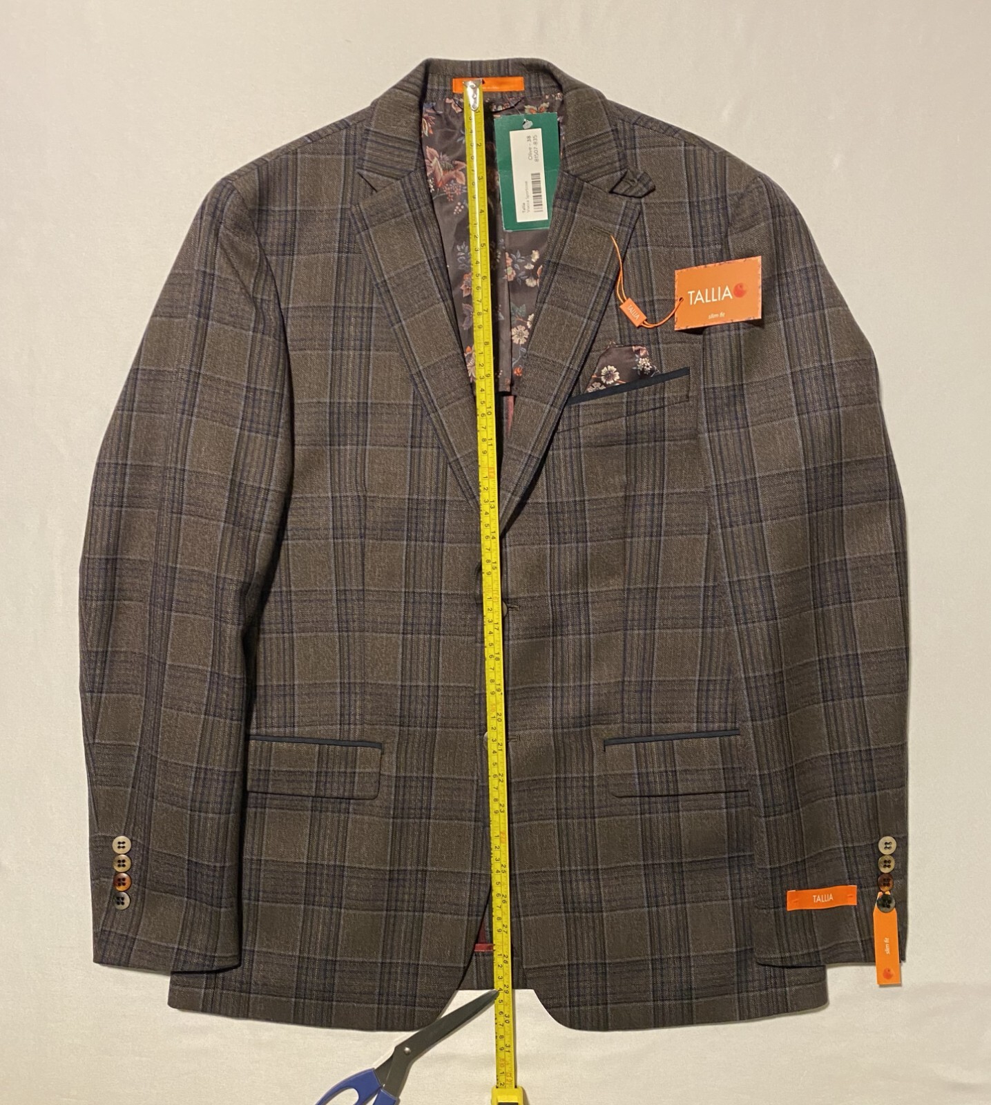 NWT Tallia Vocca Slim Halflined Plaid Men’s Sportcoat Jacket 100% Wool Size 38R
