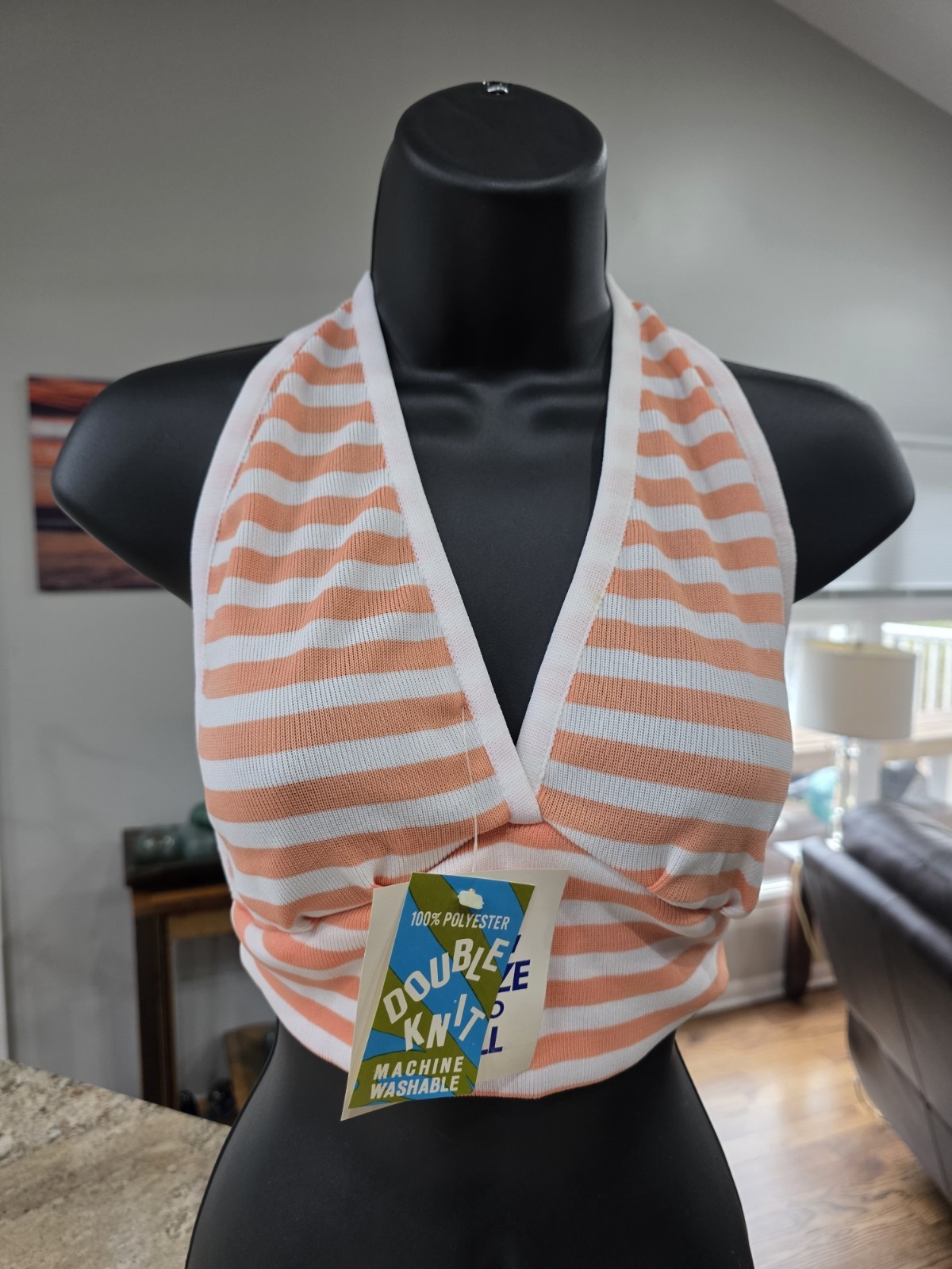 NOS Vtg 1970s Halter Top Double Knit Deadstock One Size Fits All Blue / White