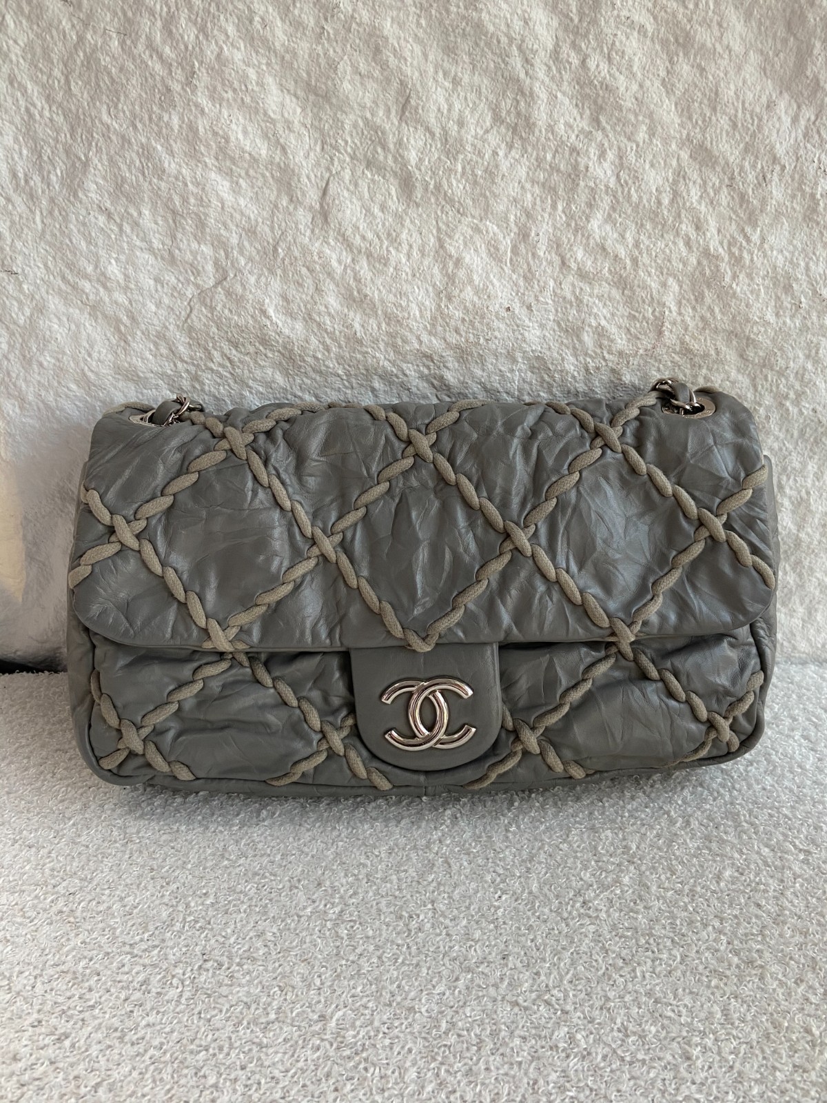 Chanel Ultra Stitch Single Flap Grey Crinkled Calfskin Silver HW Shoulder Bag