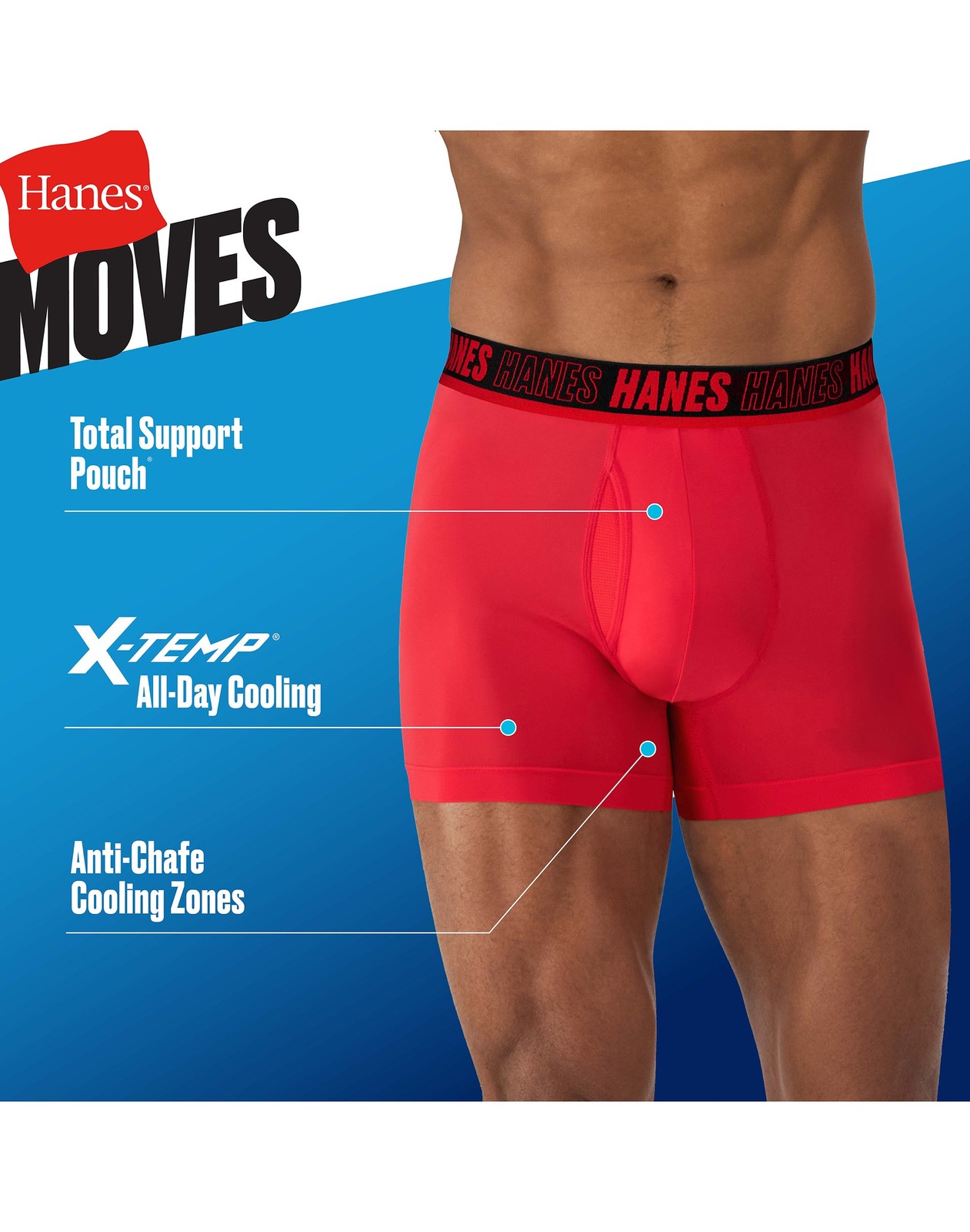 Hanes Moves Ultimate Men’s Anti-Chafe Trunk Underwear Total Support X-Temp
