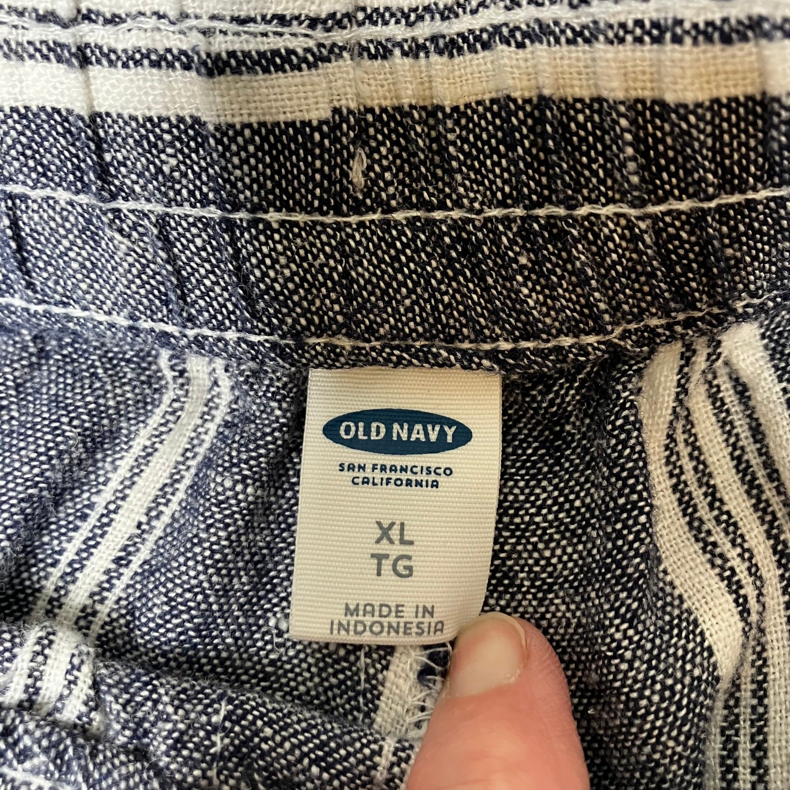 Old Navy Pants Womens Blue Stripe SZ XL Linen Blend Elastic & Tie Waist, Beachy
