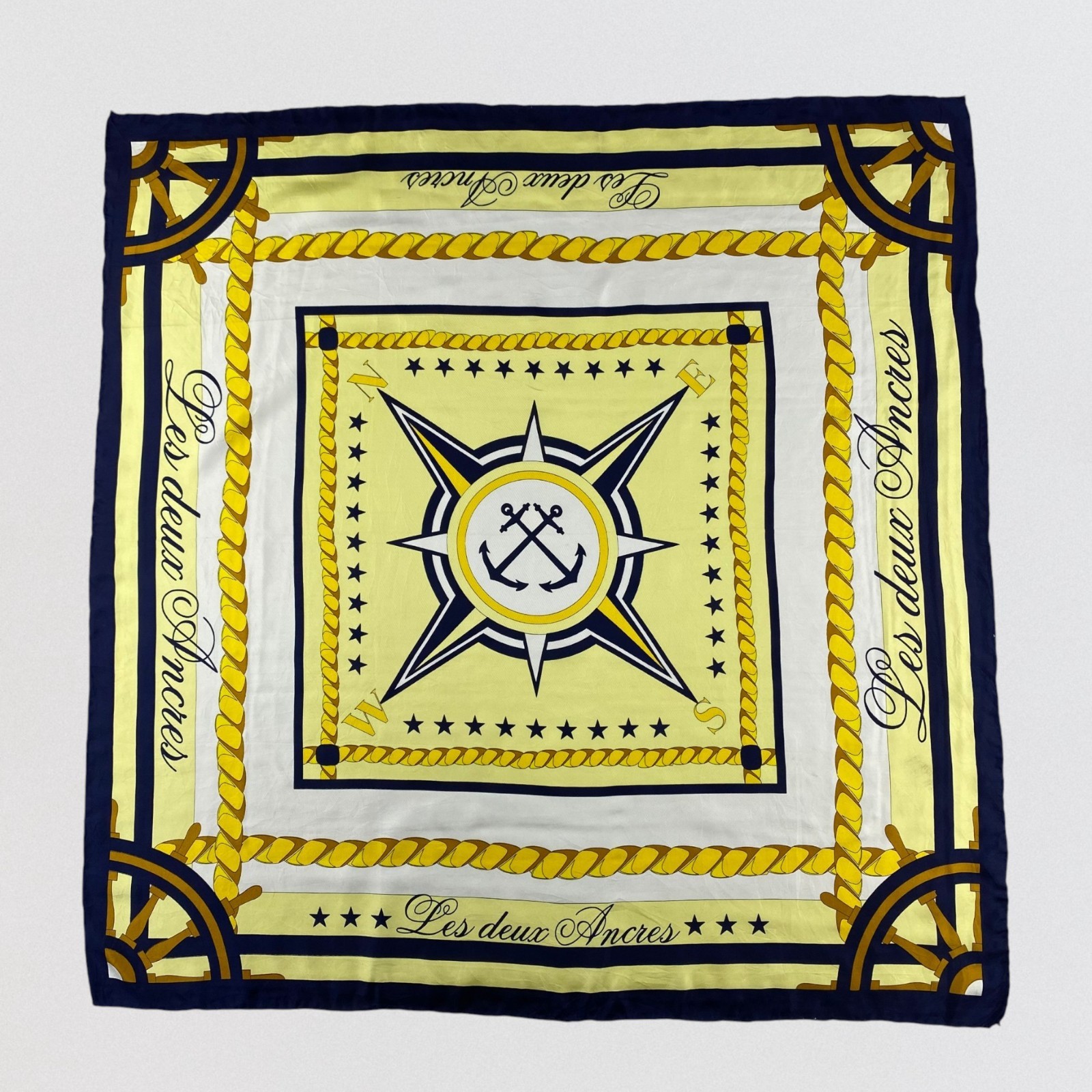 Vintage Les Deux Ancres Nautical Silk Scarf Marine Compass Anchor Navy Yellow