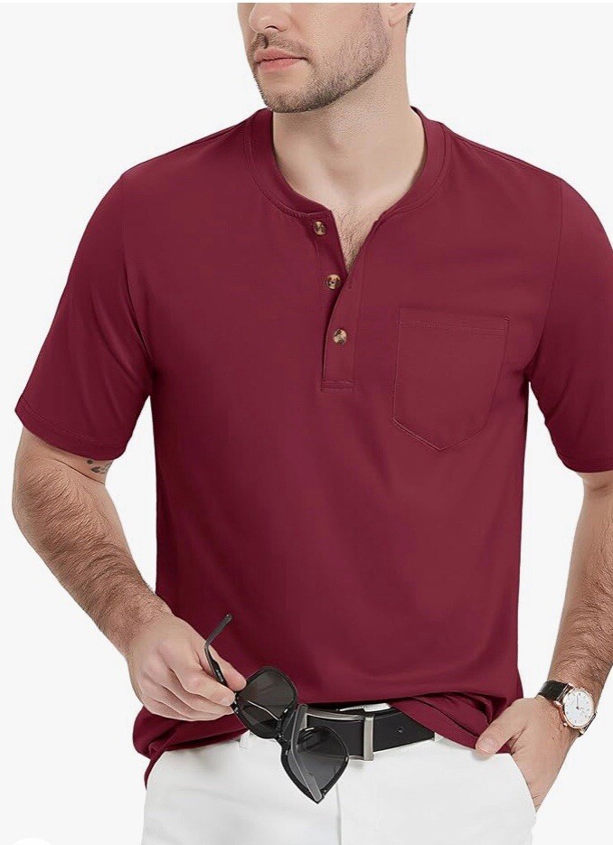 MAGCOMSEN Men’s Henley Shirts Short Sleeve Pocket Tee Shirts Wine Red Size 2XL