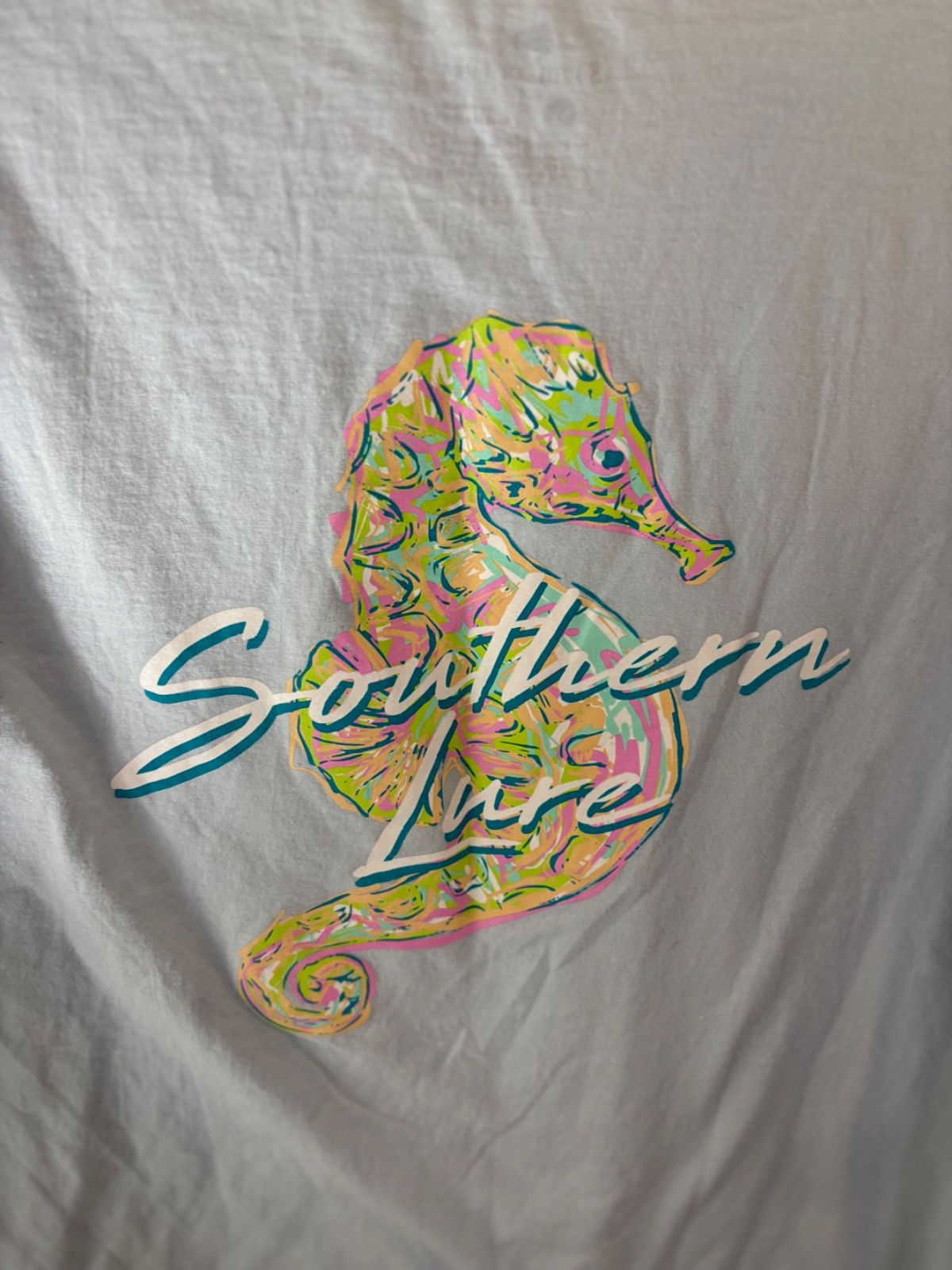 Southern Lure Women’s XL T Shirt Seahorse Coastal Beach Fishing V Neck Blue Tee